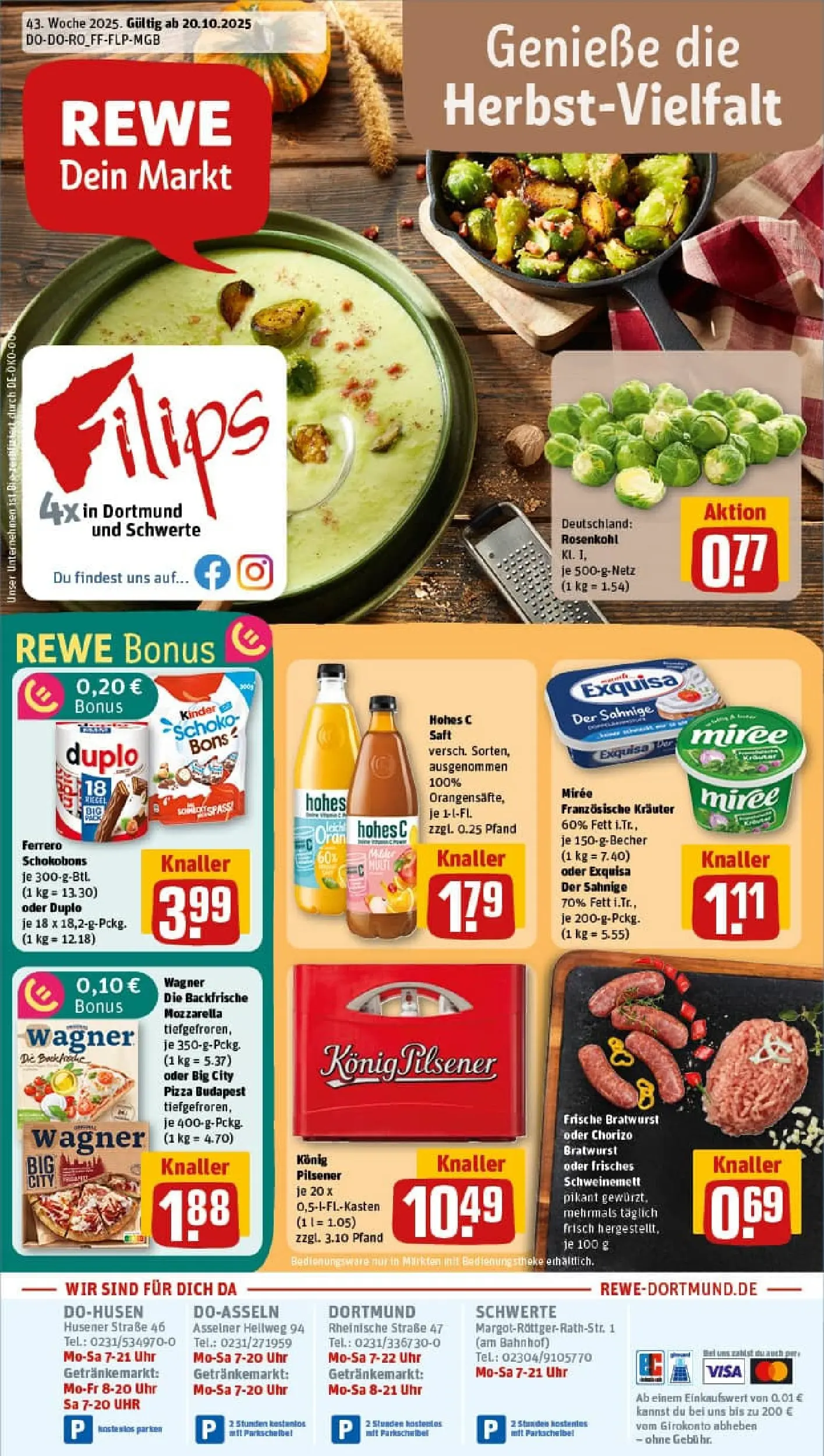 REWE Prospekt ab 19.10.2025 zum Blättern » Angebote | Seite: 1 | Produkte: Bratwurst, Hohes c, Pizza, Uhr