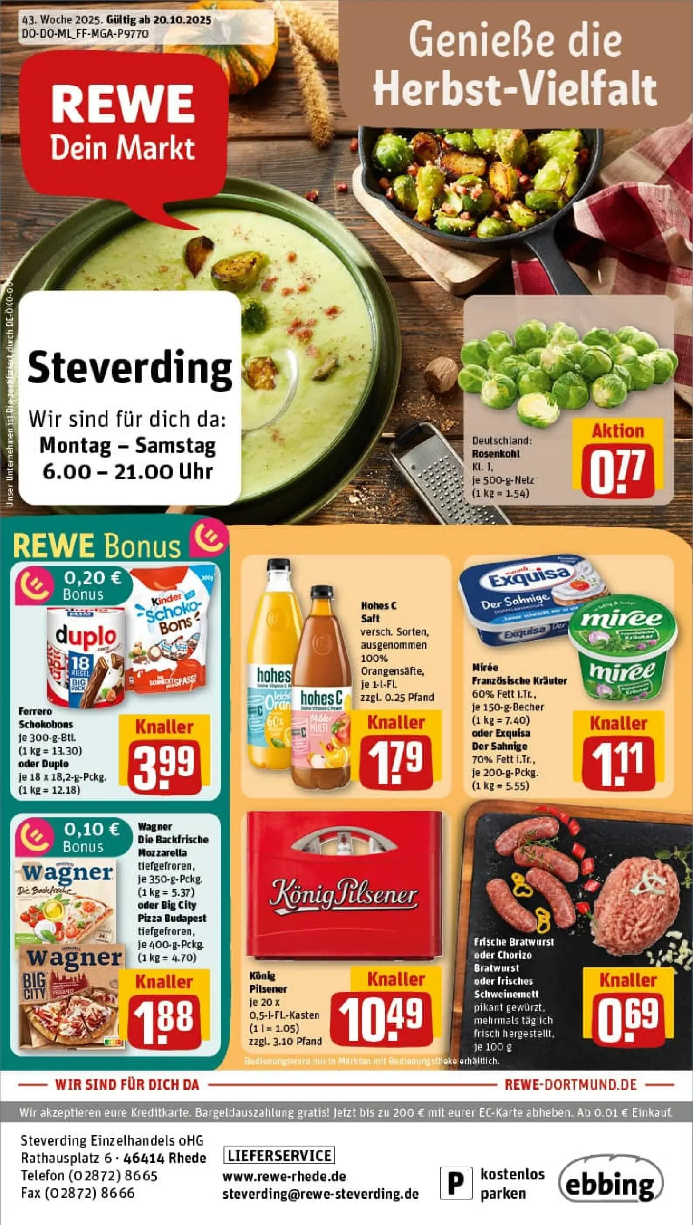 REWE Prospekt ab 19.10.2025 zum Blättern » Angebote | Seite: 1 | Produkte: Konig pilsener, Bratwurst, Hohes c, Saft