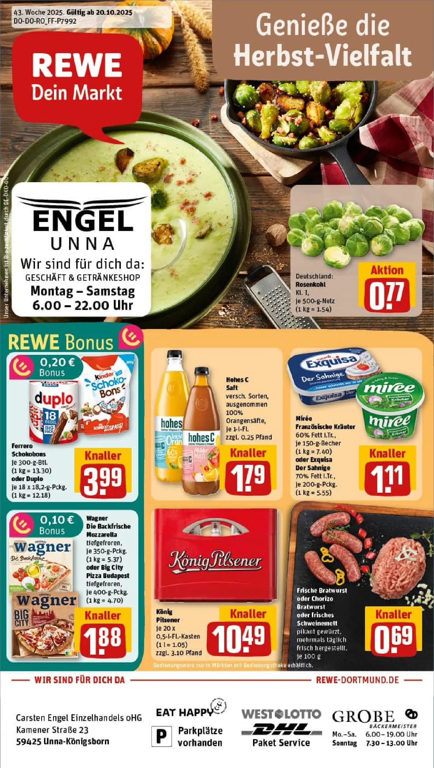 REWE Prospekt ab 19.10.2025 zum Blättern » Angebote | Seite: 1 | Produkte: Konig pilsener, Mozzarella, Exquisa, Pizza