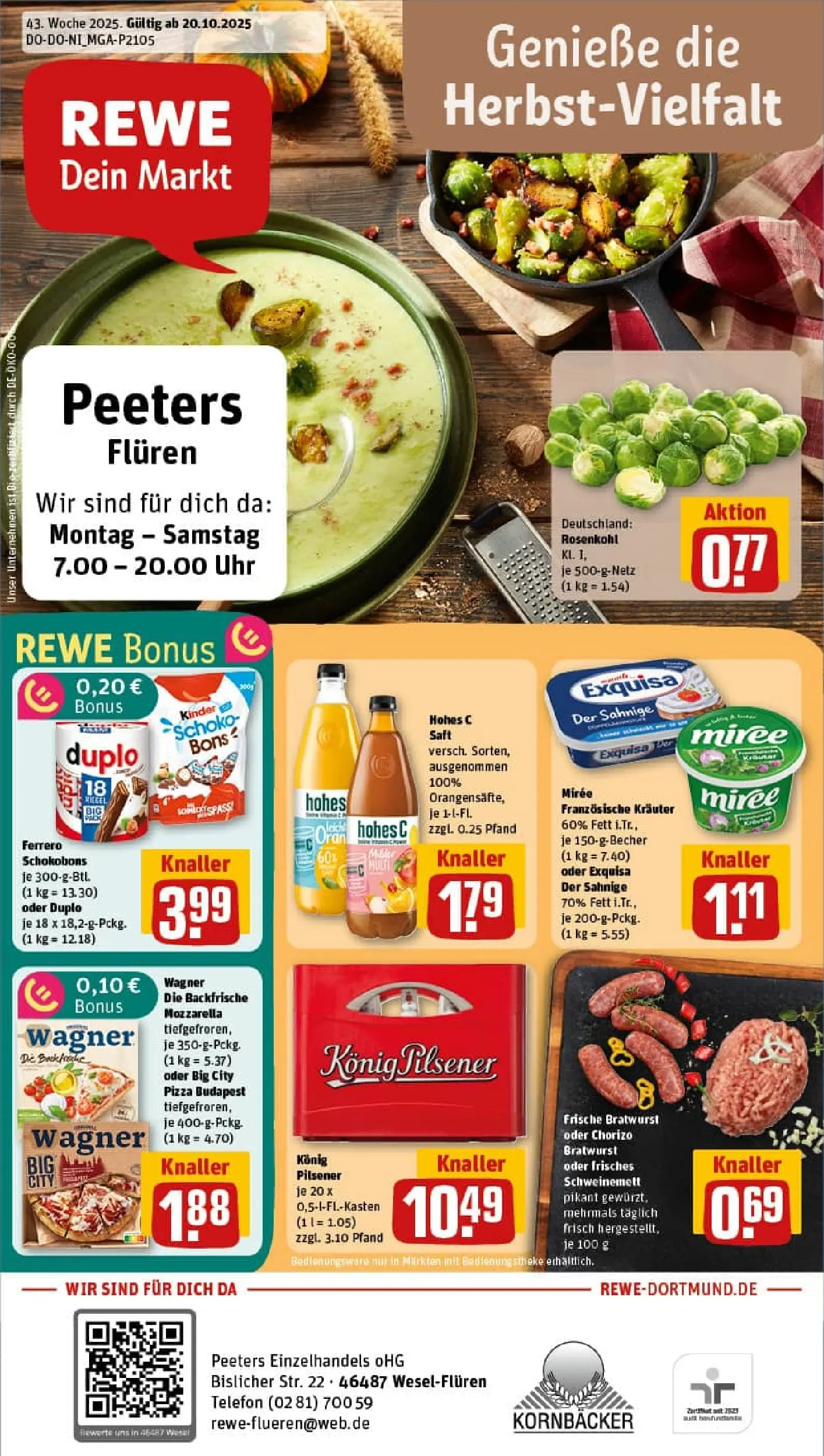REWE Prospekt ab 19.10.2025 zum Blättern » Angebote | Seite: 1 | Produkte: Bratwurst, Exquisa, Hohes c, Pizza