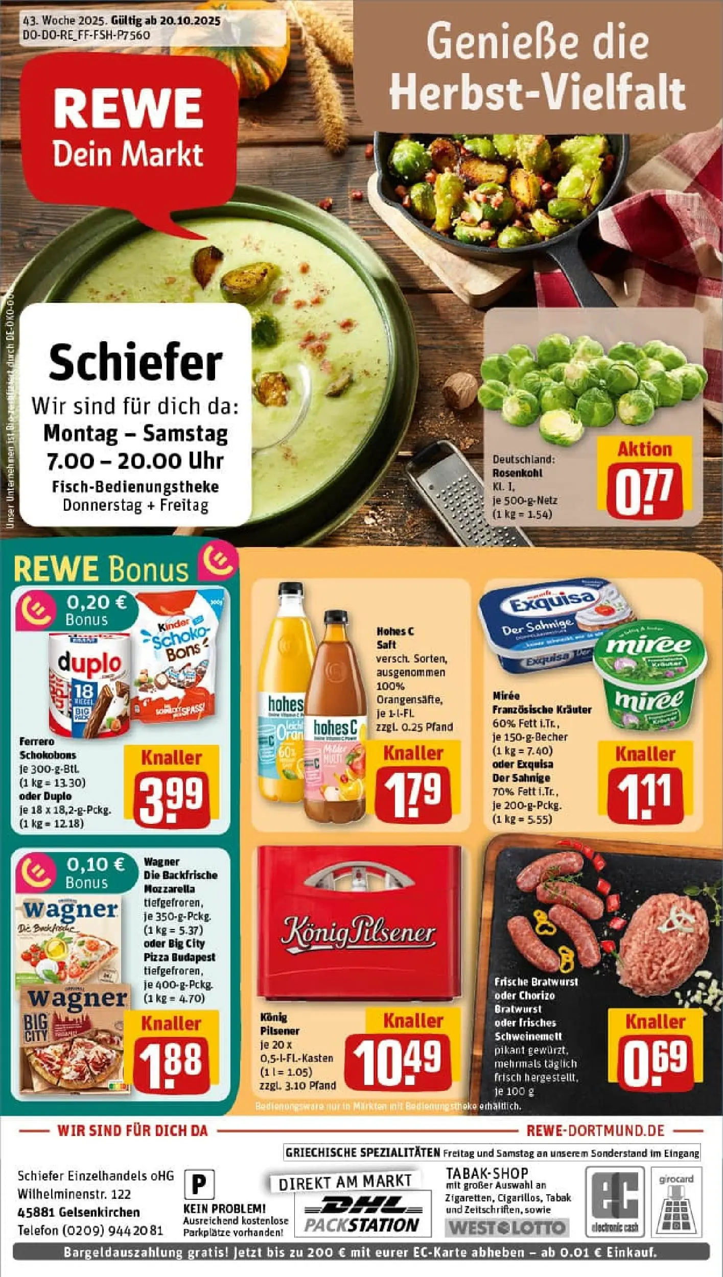 REWE Prospekt ab 19.10.2025 zum Blättern » Angebote | Seite: 1 | Produkte: Bratwurst, Pizza, Telefon, Uhr
