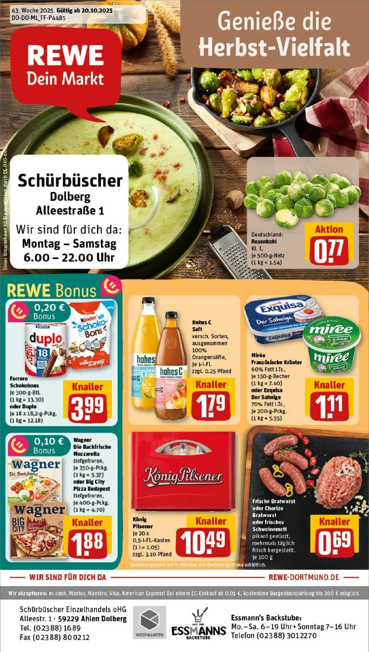 REWE Prospekt ab 19.10.2025 zum Blättern » Angebote | Seite: 1 | Produkte: Mozzarella, Bratwurst, Exquisa, Telefon