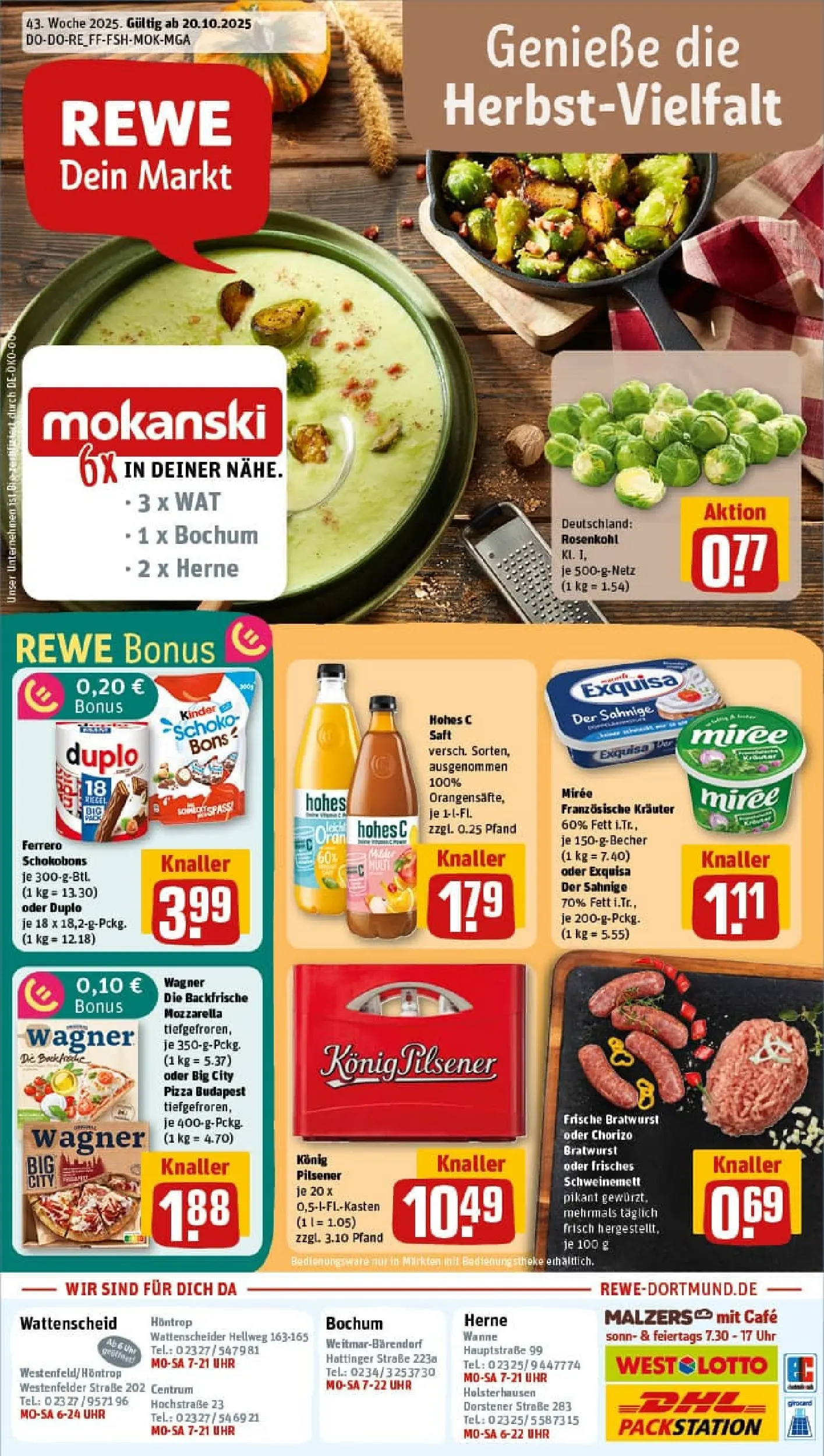 REWE Prospekt ab 19.10.2025 zum Blättern » Angebote | Seite: 1 | Produkte: Konig pilsener, Bratwurst, Hohes c, Saft
