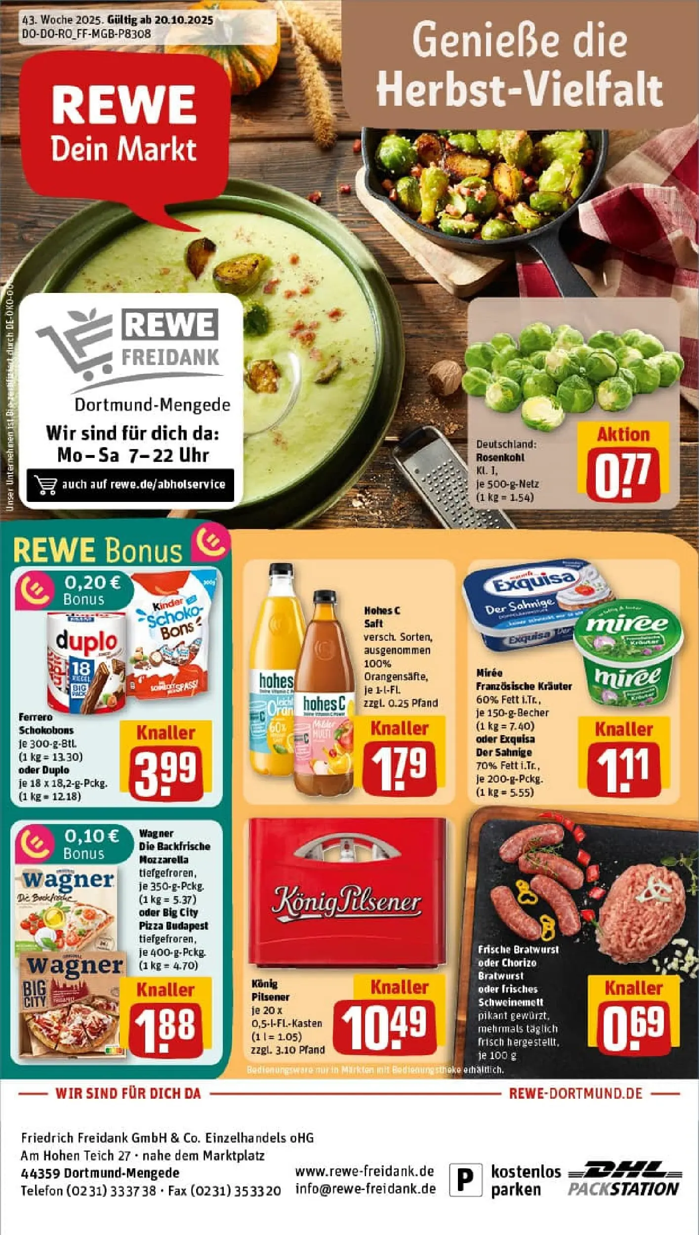 REWE Prospekt ab 19.10.2025 zum Blättern » Angebote | Seite: 1 | Produkte: Konig pilsener, Mozzarella, Hohes c, Uhr