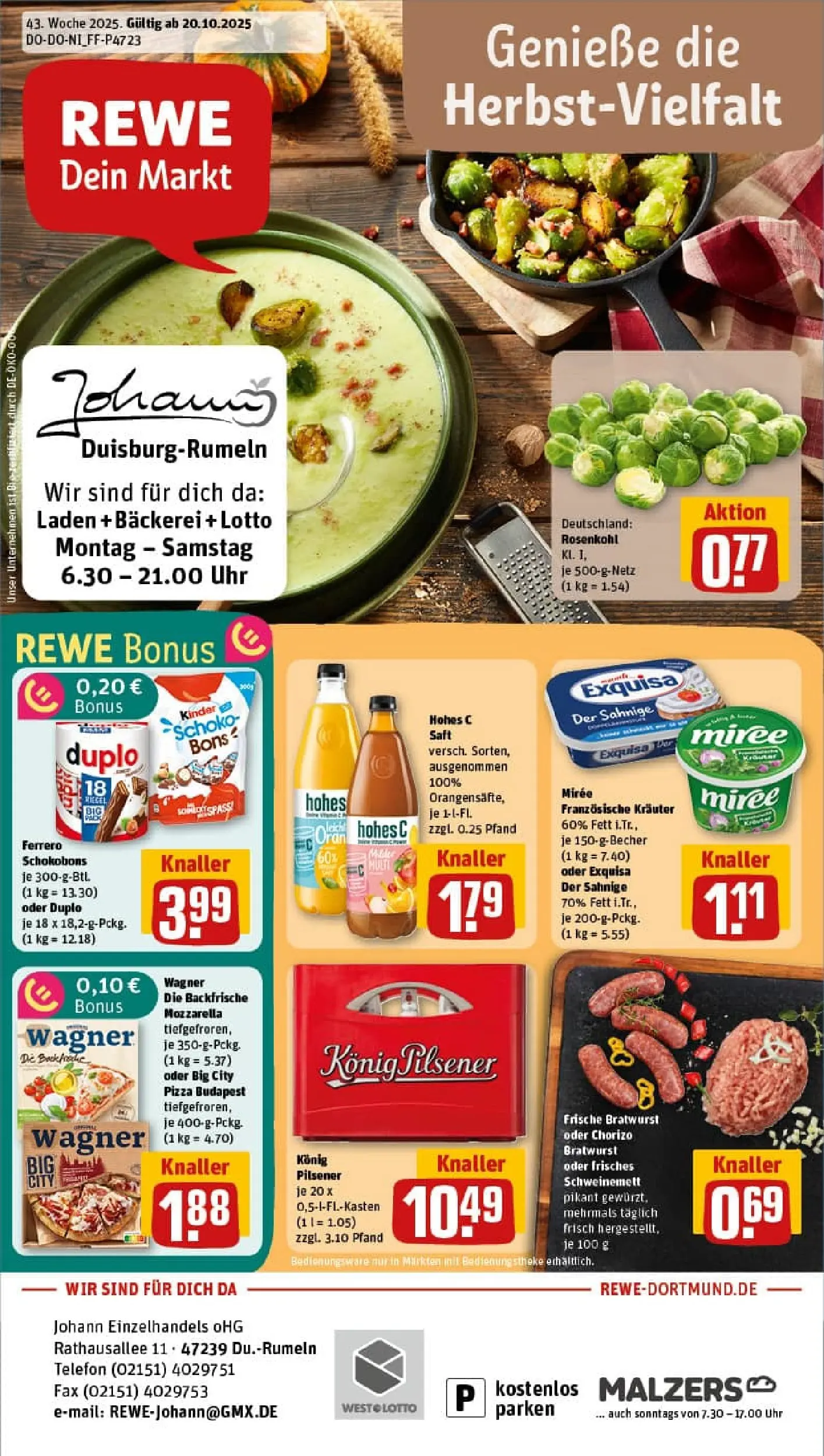 REWE Prospekt ab 19.10.2025 zum Blättern » Angebote | Seite: 1 | Produkte: Bäckerei, Konig pilsener, Mozzarella, Exquisa