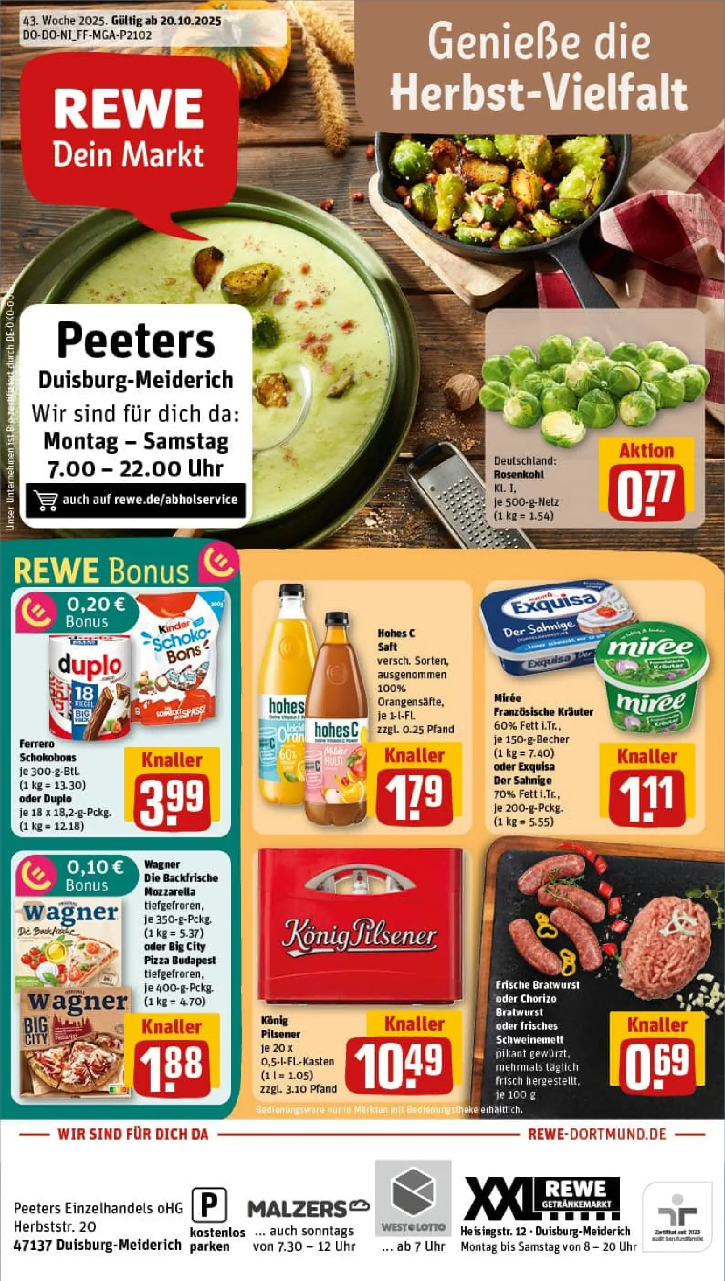 REWE Prospekt ab 19.10.2025 zum Blättern » Angebote | Seite: 1 | Produkte: Bratwurst, Hohes c, Saft, Uhr