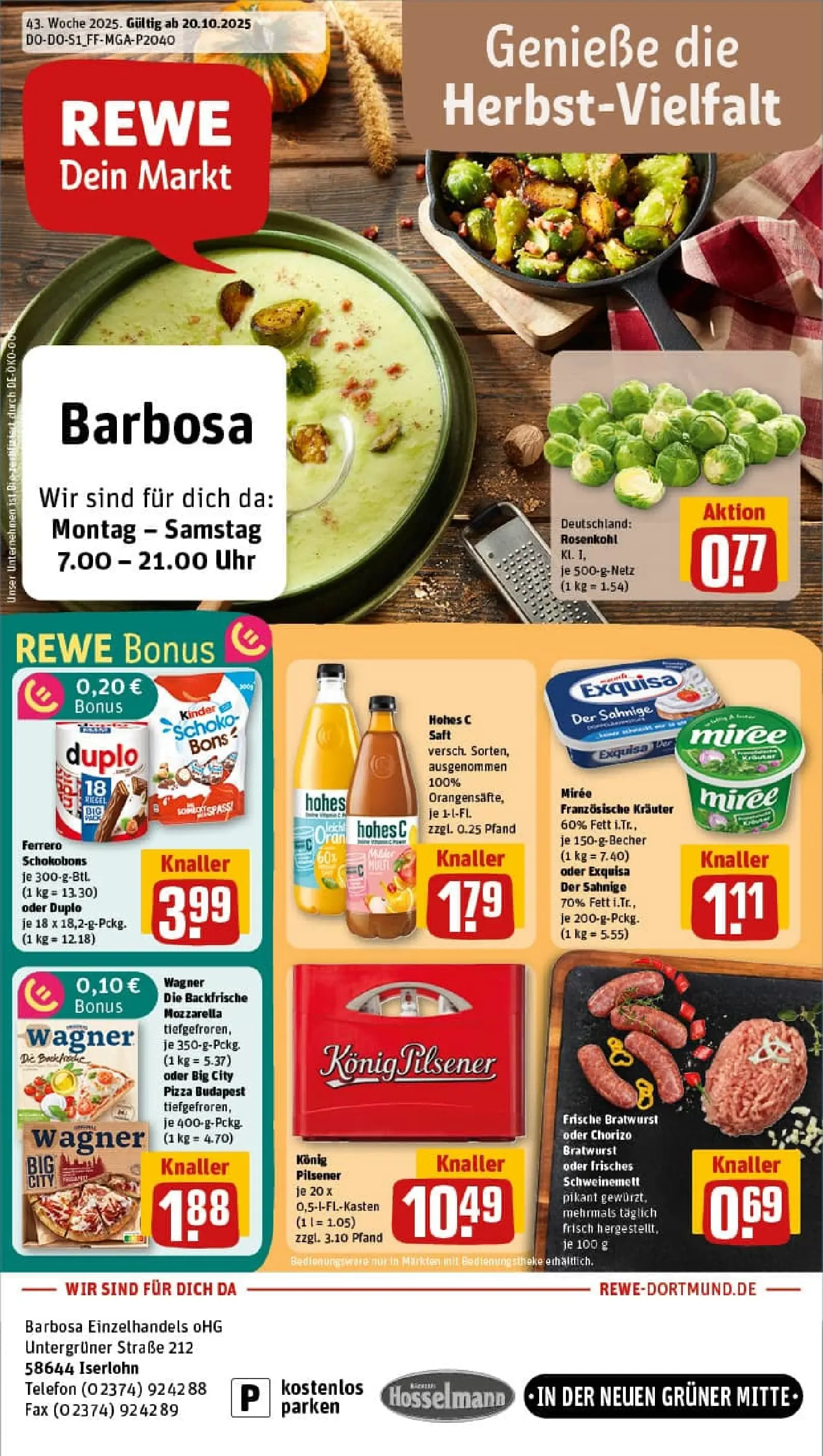 REWE Prospekt ab 19.10.2025 zum Blättern » Angebote | Seite: 1 | Produkte: Bratwurst, Pizza, Saft, Uhr