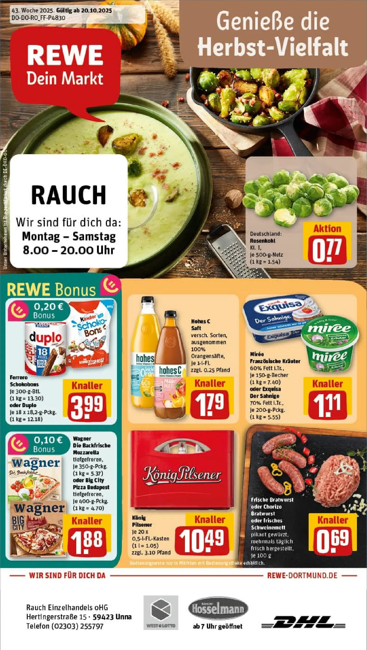 REWE Prospekt ab 19.10.2025 zum Blättern » Angebote | Seite: 1 | Produkte: Bratwurst, Exquisa, Saft, Telefon