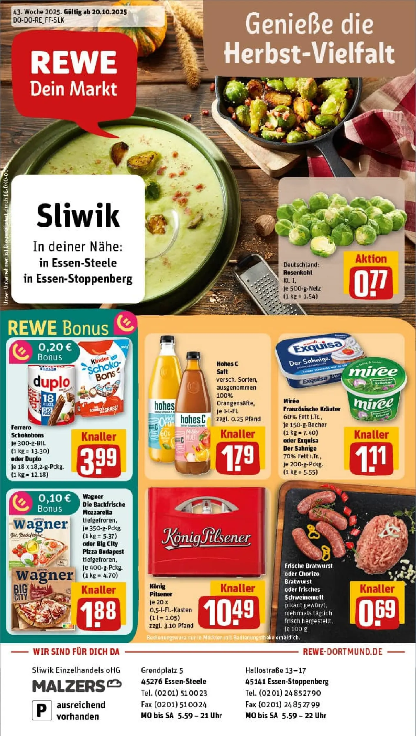 REWE Prospekt ab 19.10.2025 zum Blättern » Angebote | Seite: 1 | Produkte: Konig pilsener, Bratwurst, Exquisa, Pizza