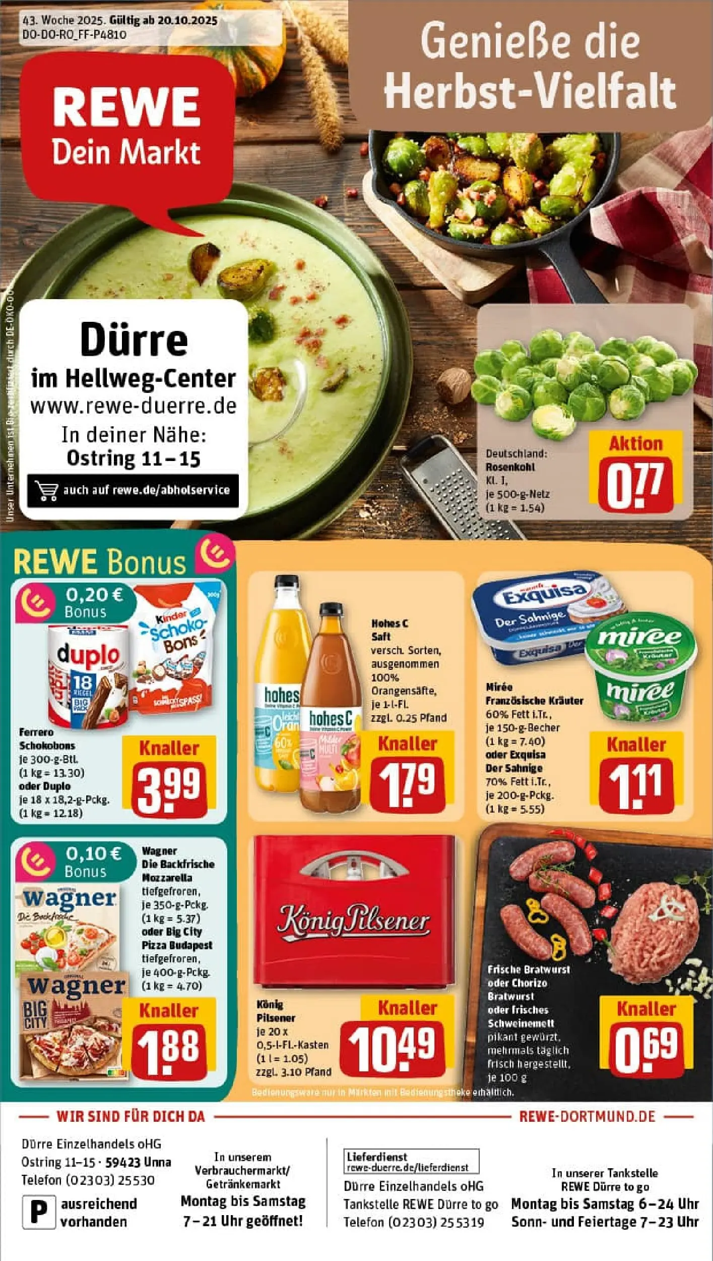 REWE Prospekt ab 19.10.2025 zum Blättern » Angebote | Seite: 1 | Produkte: Konig pilsener, Bratwurst, Hohes c, Telefon
