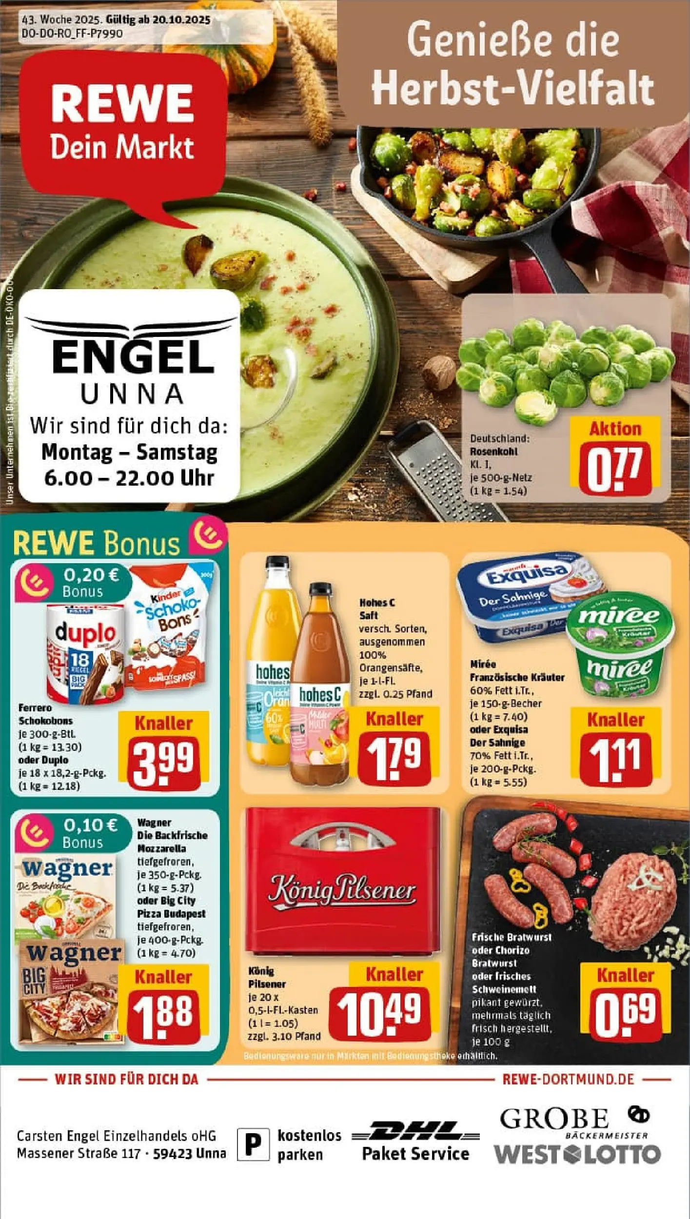 REWE Prospekt ab 19.10.2025 zum Blättern » Angebote | Seite: 1 | Produkte: Exquisa, Hohes c, Saft, Uhr