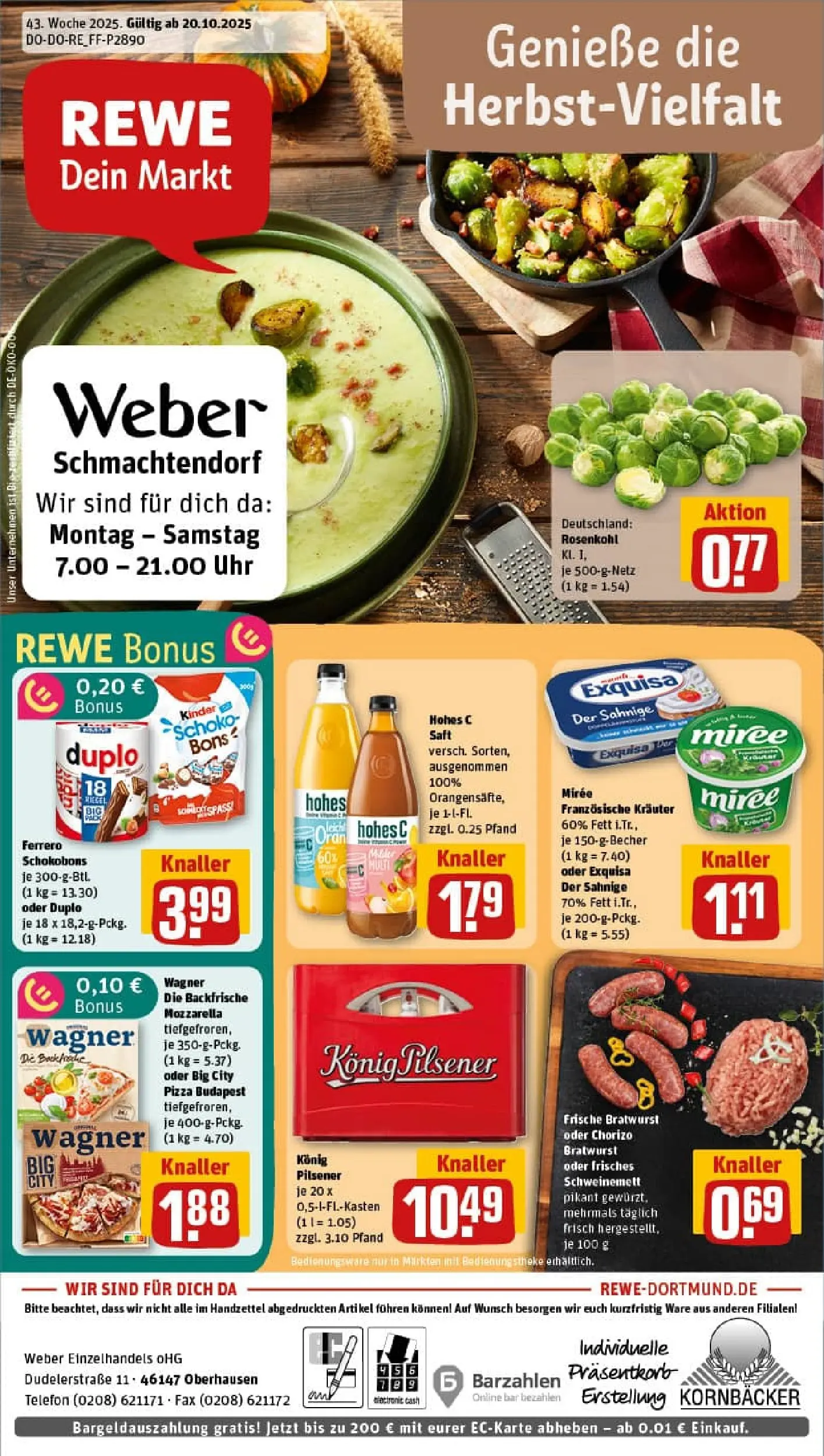 REWE Prospekt ab 19.10.2025 zum Blättern » Angebote | Seite: 1 | Produkte: Konig pilsener, Mozzarella, Hohes c, Uhr