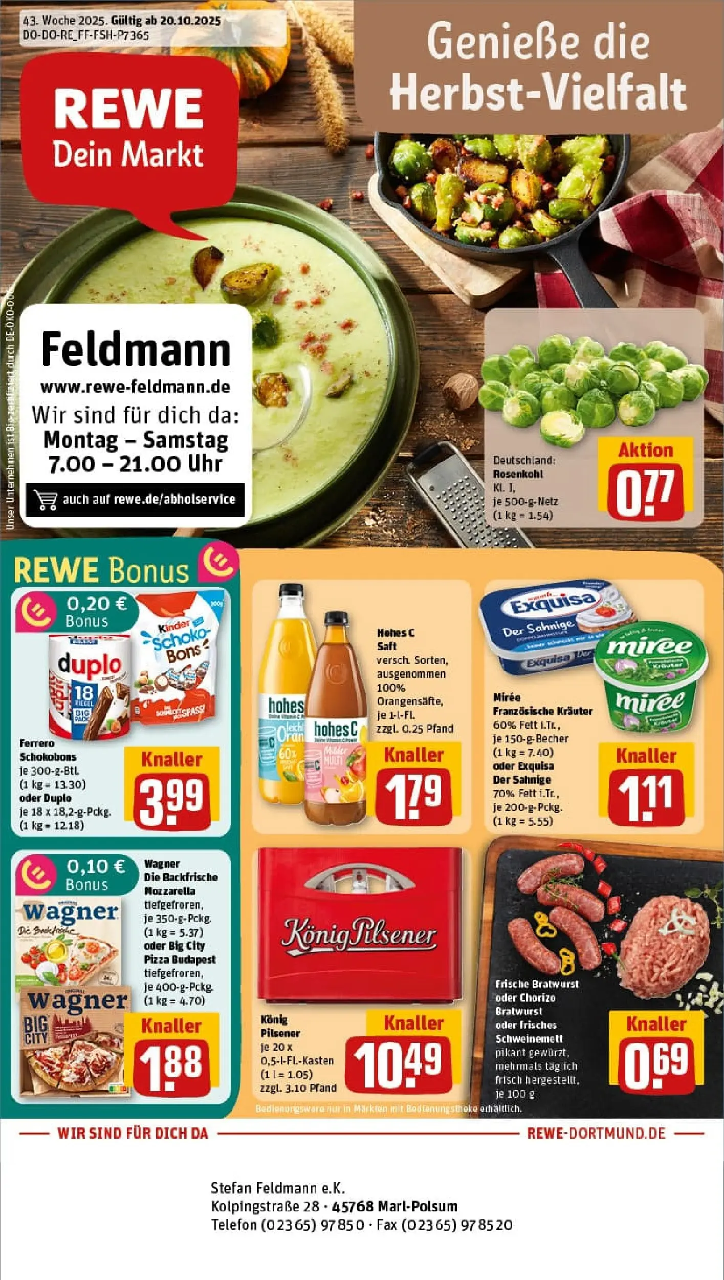 REWE Prospekt ab 19.10.2025 zum Blättern » Angebote | Seite: 1 | Produkte: Mozzarella, Bratwurst, Pizza, Uhr