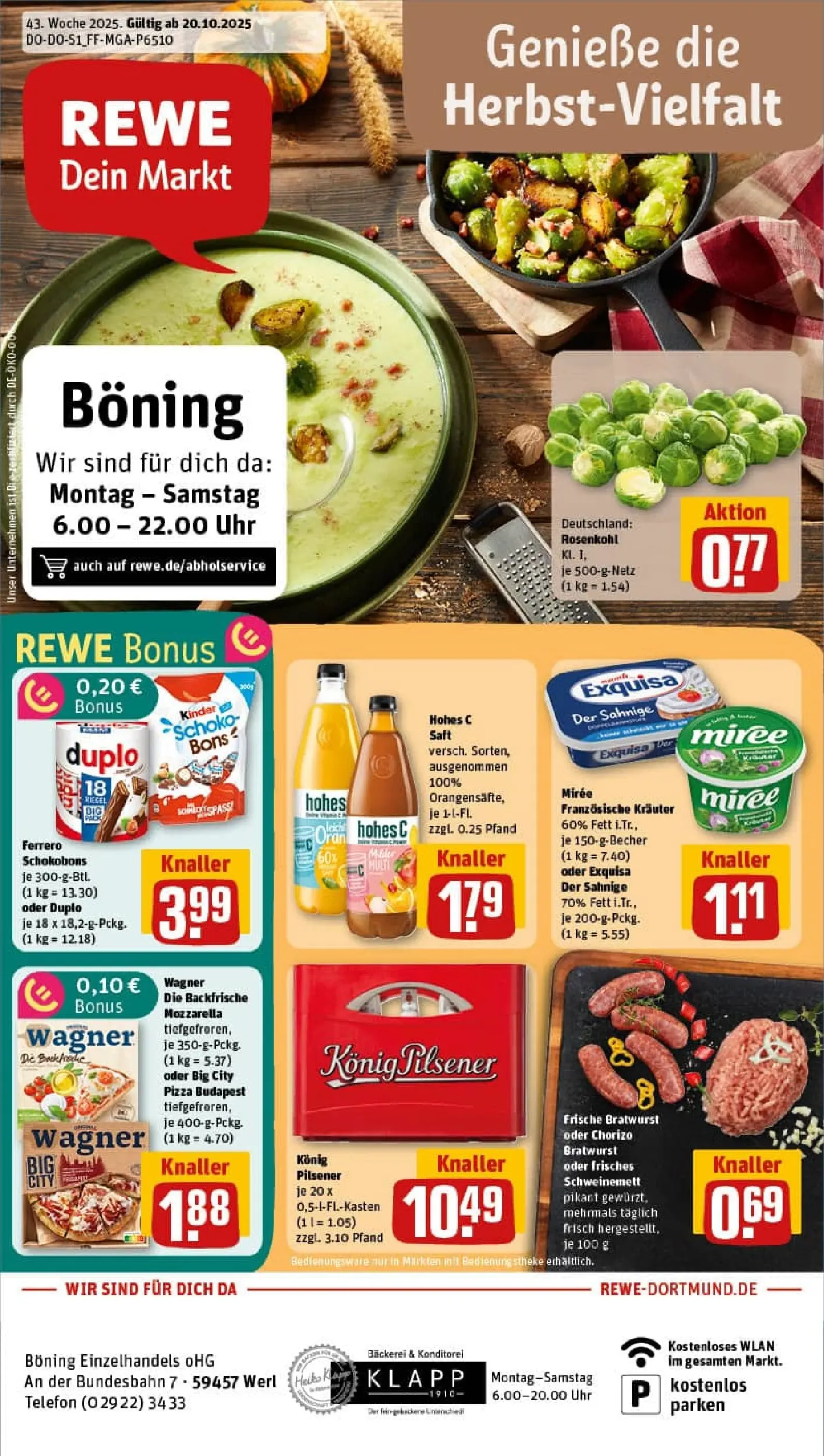 REWE Prospekt ab 19.10.2025 zum Blättern » Angebote | Seite: 1 | Produkte: Bäckerei, Konig pilsener, Bratwurst, Hohes c