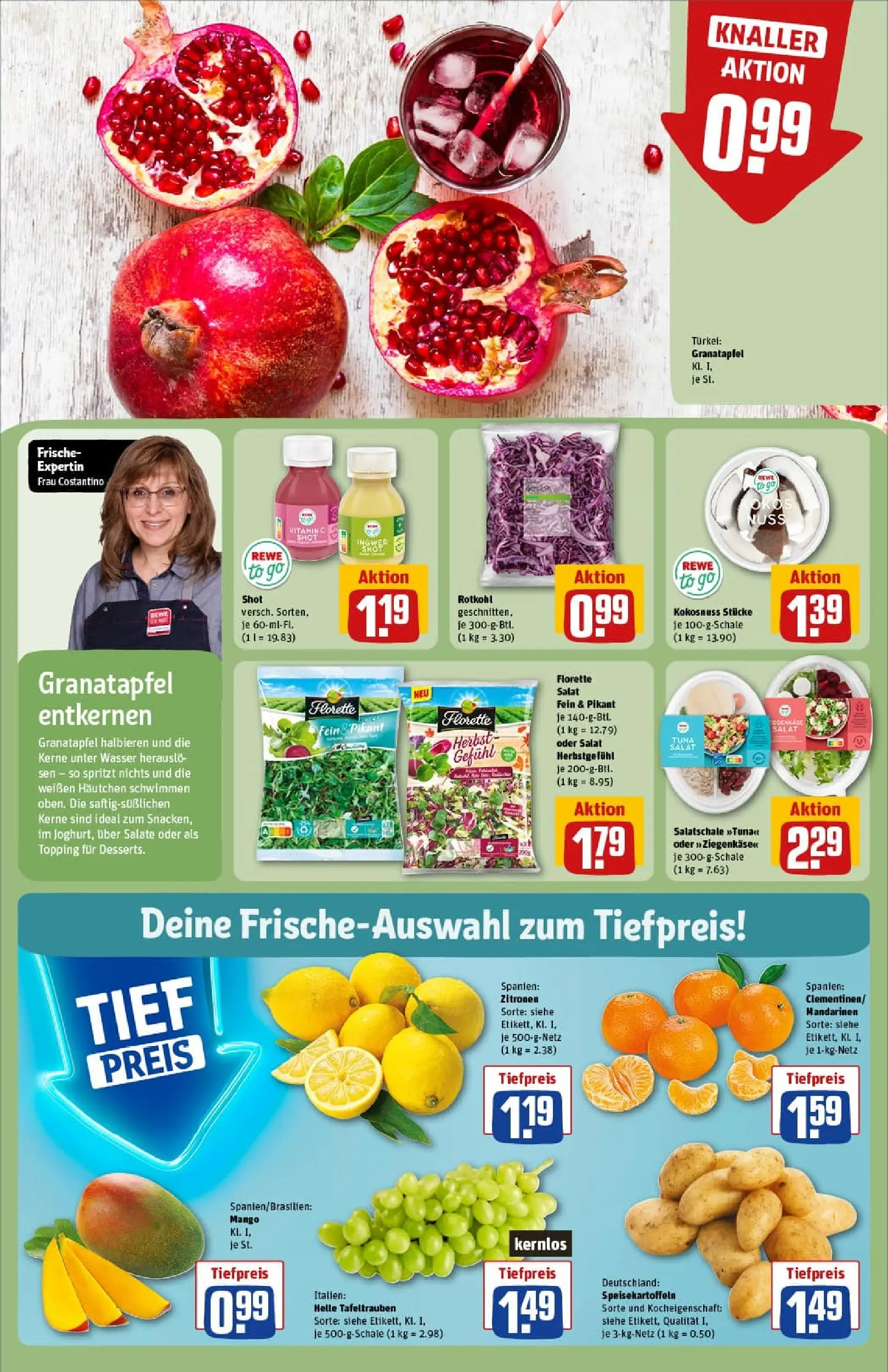 REWE Prospekt ab 19.10.2025 zum Blättern » Angebote | Seite: 8 | Produkte: Granatapfel, Ziegenkäse, Wasser, Zitronen