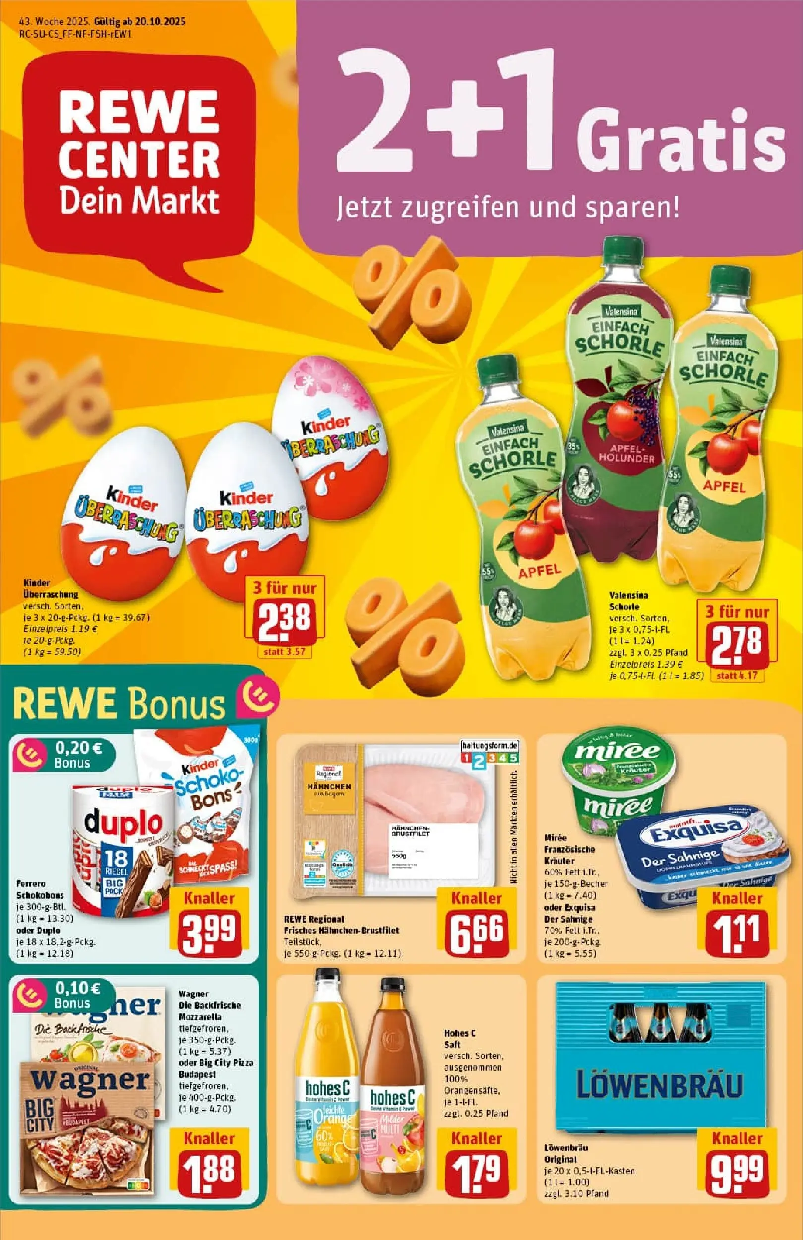 REWE Prospekt ab 19.10.2025 zum Blättern » Angebote | Seite: 1 | Produkte: Mozzarella, Valensina, Pizza, Saft