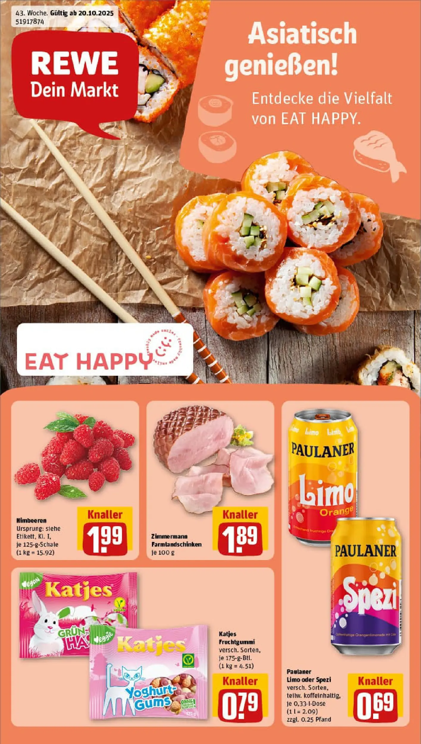 REWE Prospekt ab 19.10.2025 zum Blättern » Angebote | Seite: 1 | Produkte: Himbeeren, Paulaner spezi, Katjes, Paulaner