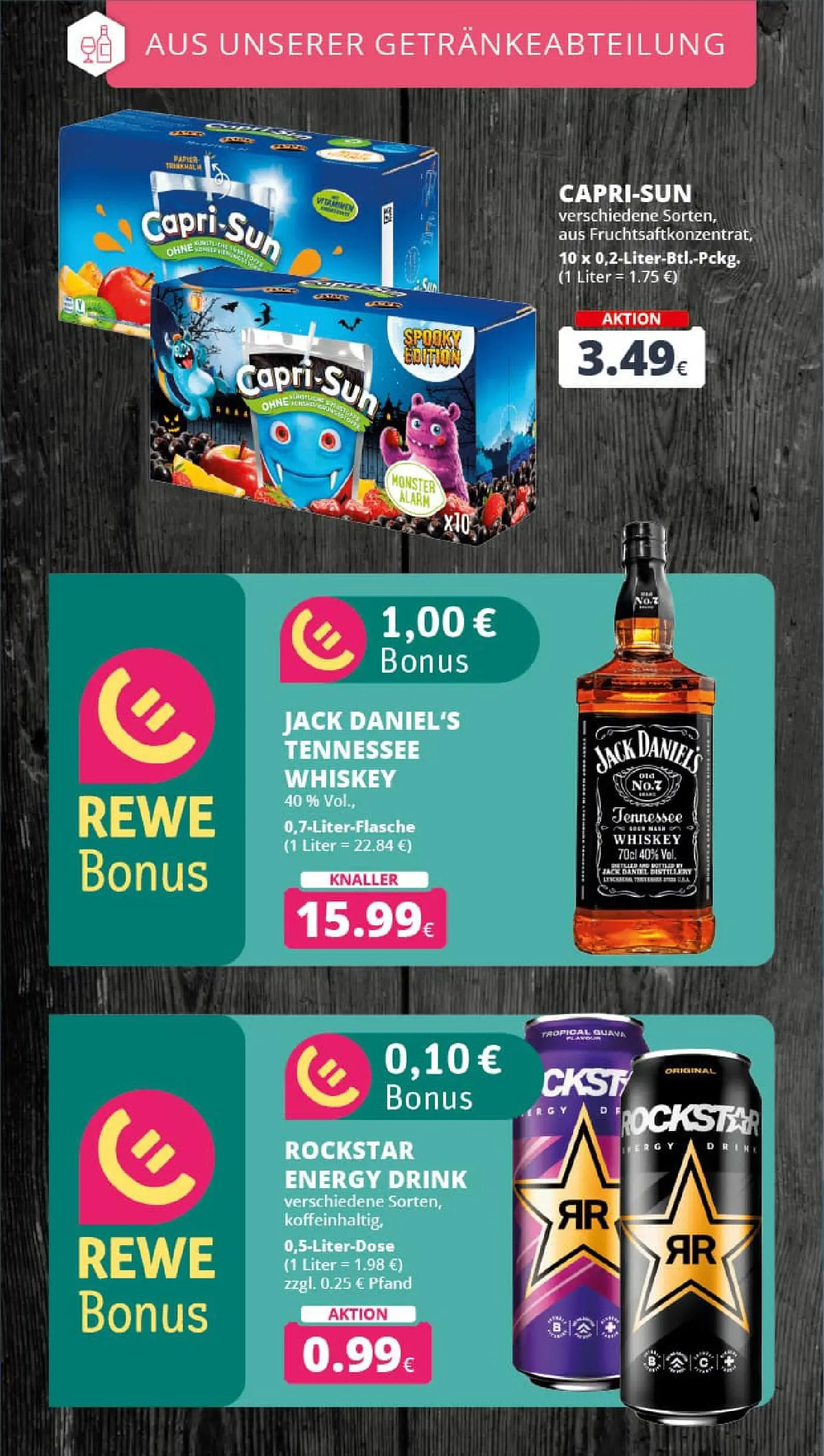 REWE Prospekt ab 19.10.2025 zum Blättern » Angebote | Seite: 21 | Produkte: Rockstar energy, Capri sun, Rockstar, Jack Daniel's