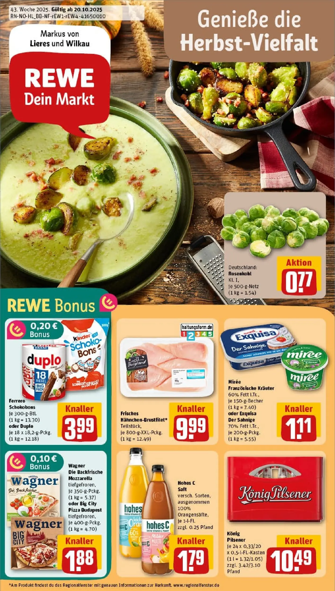 REWE Prospekt ab 19.10.2025 zum Blättern » Angebote | Seite: 1 | Produkte: Konig pilsener, Mozzarella, Exquisa, Saft