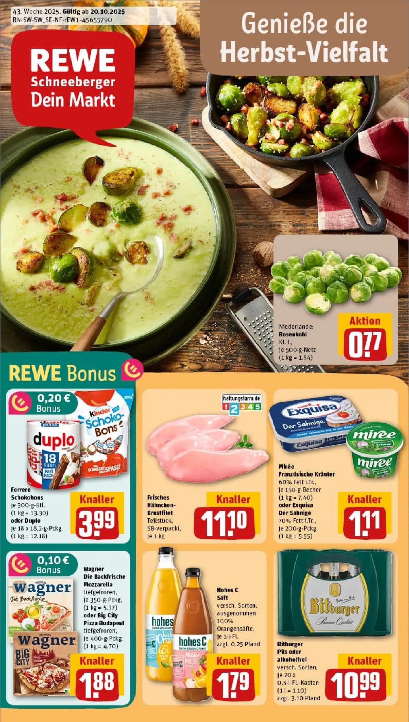 REWE Prospekt ab 19.10.2025 zum Blättern » Angebote | Seite: 1 | Produkte: Bitburger, Mozzarella, Pizza, Saft