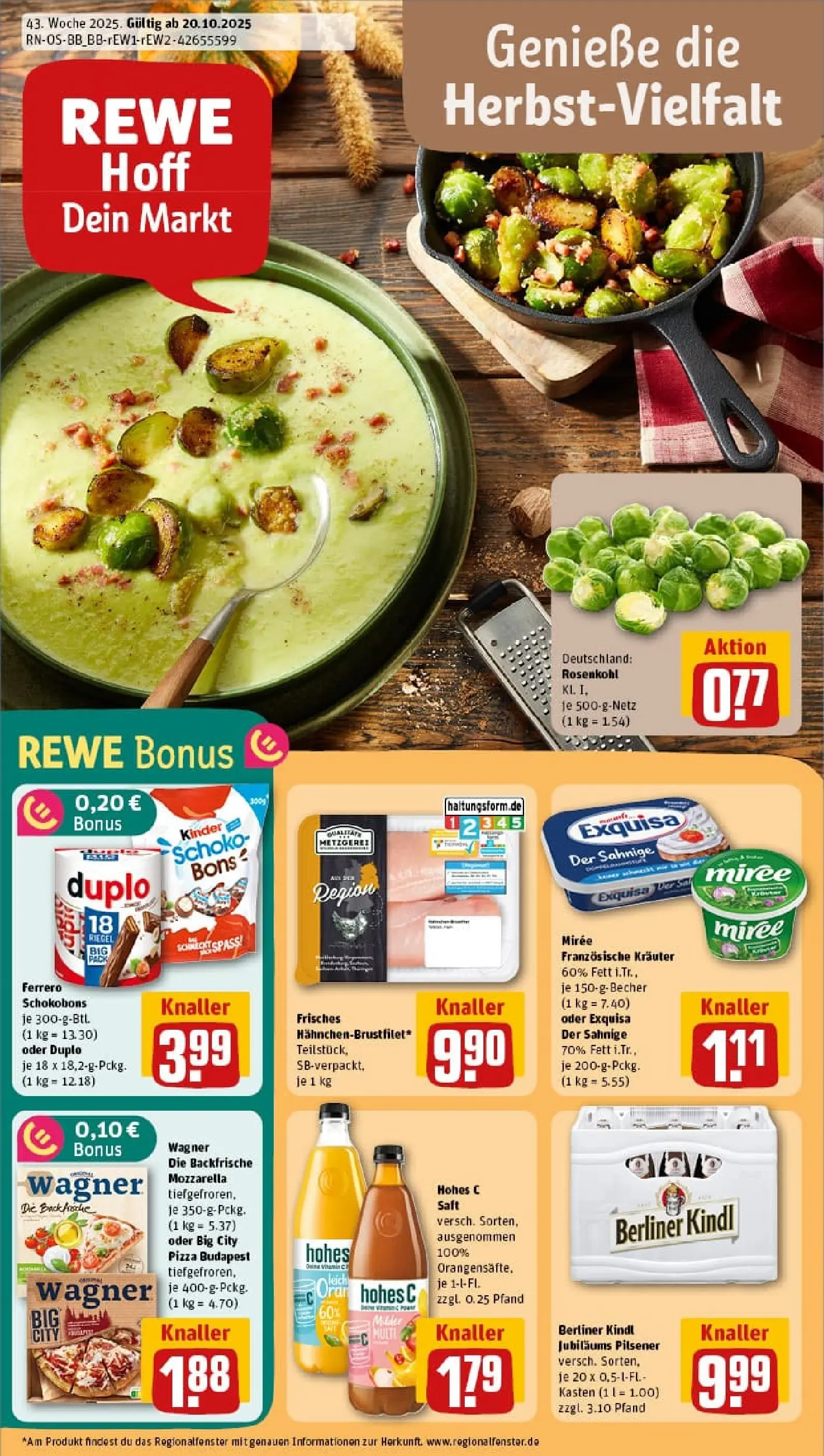 REWE Prospekt ab 19.10.2025 zum Blättern » Angebote | Seite: 1 | Produkte: Berliner, Mozzarella, Pizza, Saft