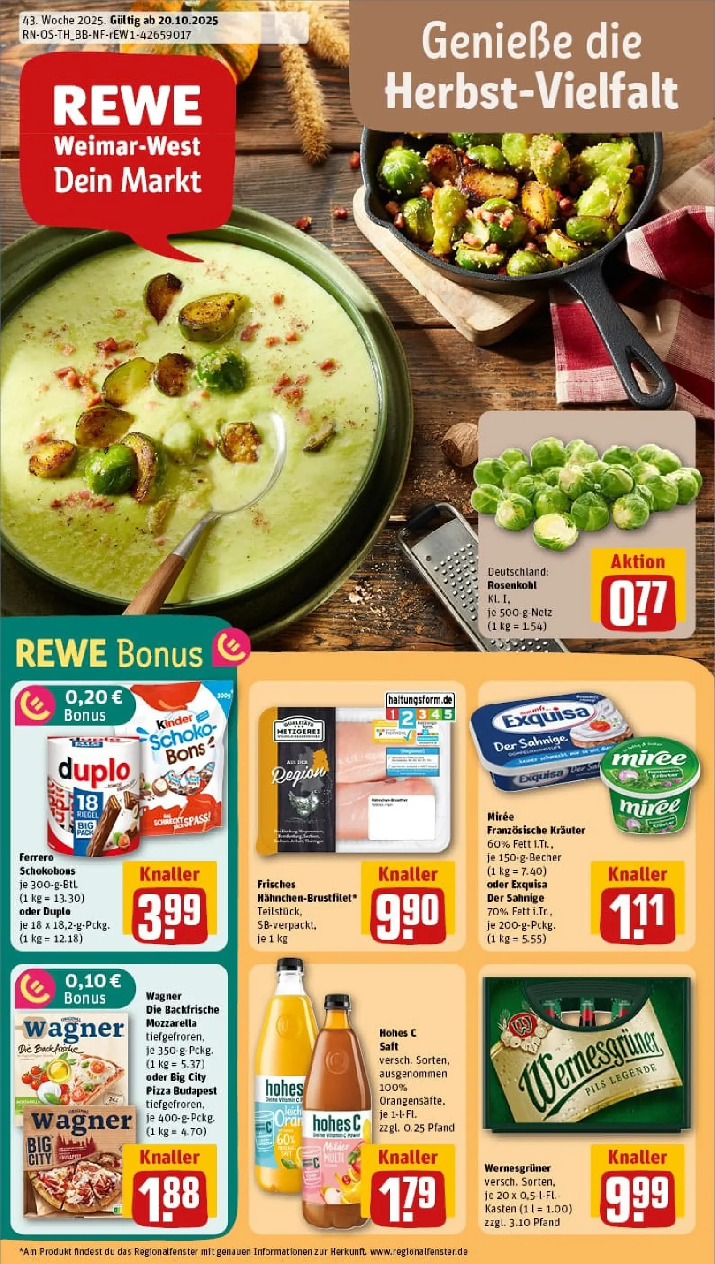 REWE Prospekt ab 19.10.2025 zum Blättern » Angebote | Seite: 1 | Produkte: Mozzarella, Wernesgruner, Exquisa, Hohes c