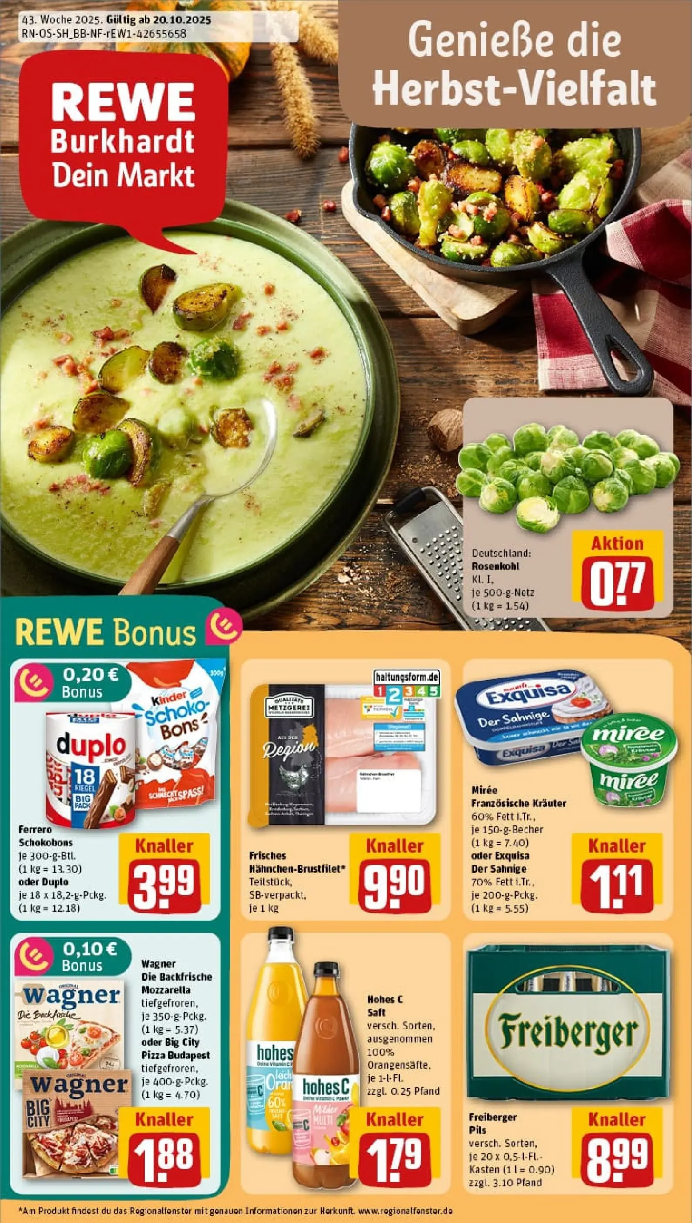 REWE Prospekt ab 19.10.2025 zum Blättern » Angebote | Seite: 1 | Produkte: Mozzarella, Pils, Hohes c, Pizza