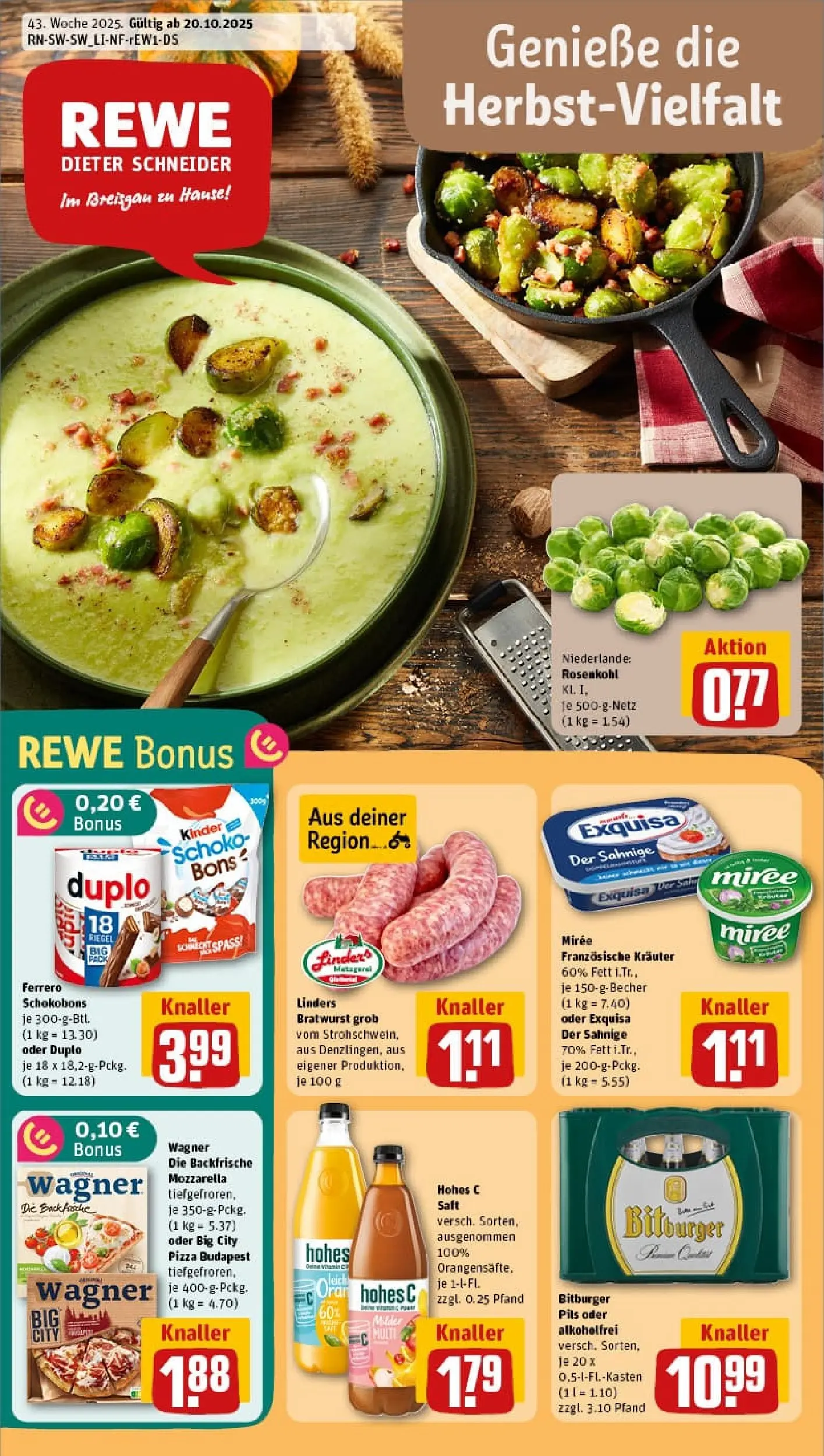 REWE Prospekt ab 19.10.2025 zum Blättern » Angebote | Seite: 1 | Produkte: Bitburger, Mozzarella, Pils, Saft