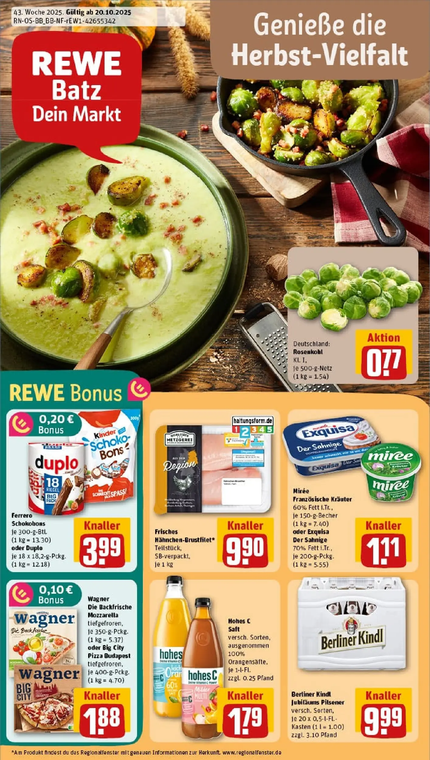 REWE Prospekt ab 19.10.2025 zum Blättern » Angebote | Seite: 1 | Produkte: Berliner, Hohes c, Pizza, Saft