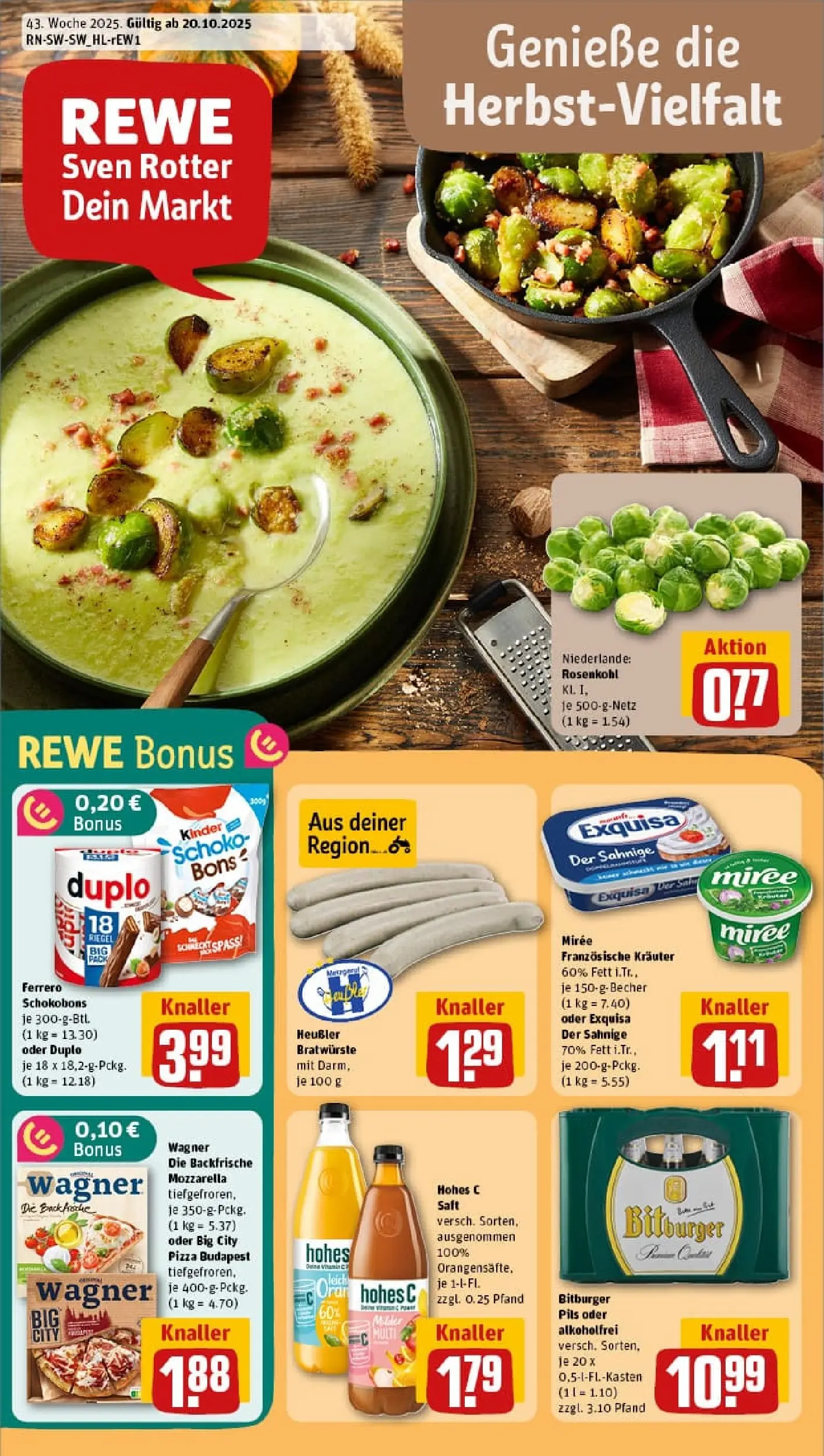 REWE Prospekt ab 19.10.2025 zum Blättern » Angebote | Seite: 1 | Produkte: Mozzarella, Pils, Exquisa, Hohes c
