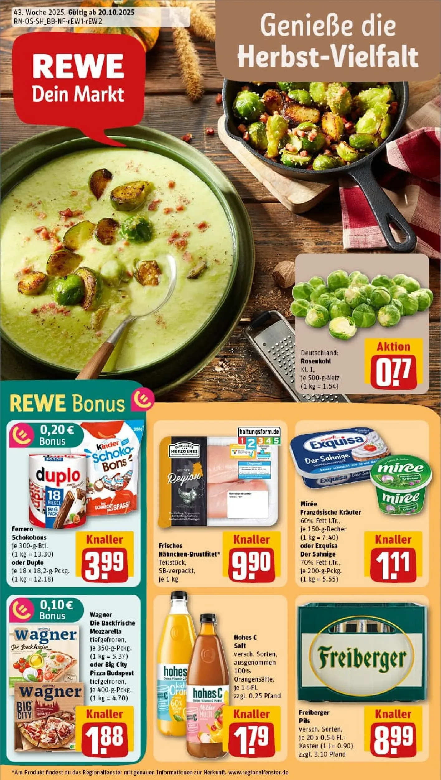 REWE Prospekt ab 19.10.2025 zum Blättern » Angebote | Seite: 1 | Produkte: Mozzarella, Pils, Hohes c, Saft