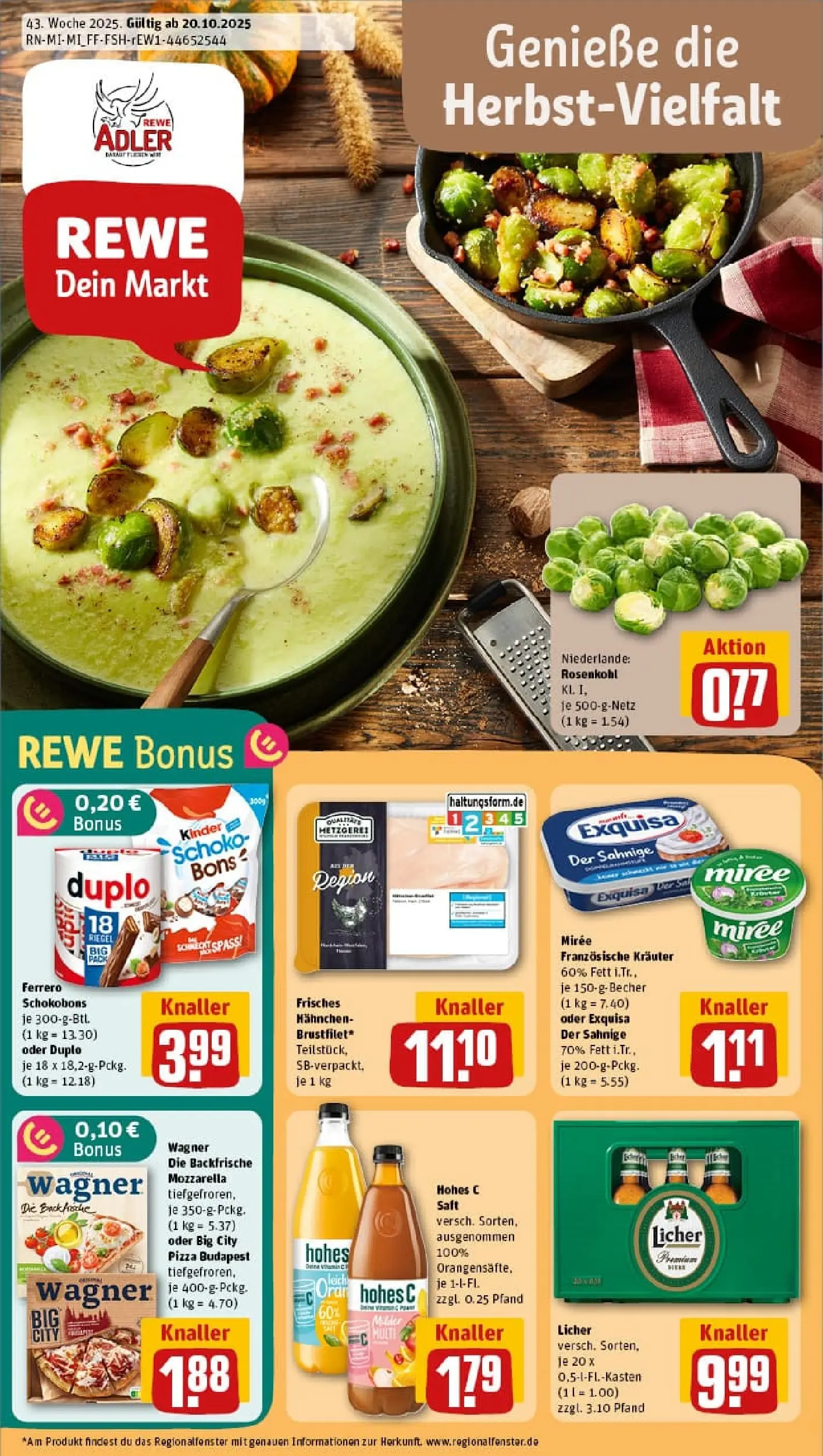 REWE Prospekt ab 19.10.2025 zum Blättern » Angebote | Seite: 1 | Produkte: Hahnchen, Mozzarella, Exquisa, Pizza