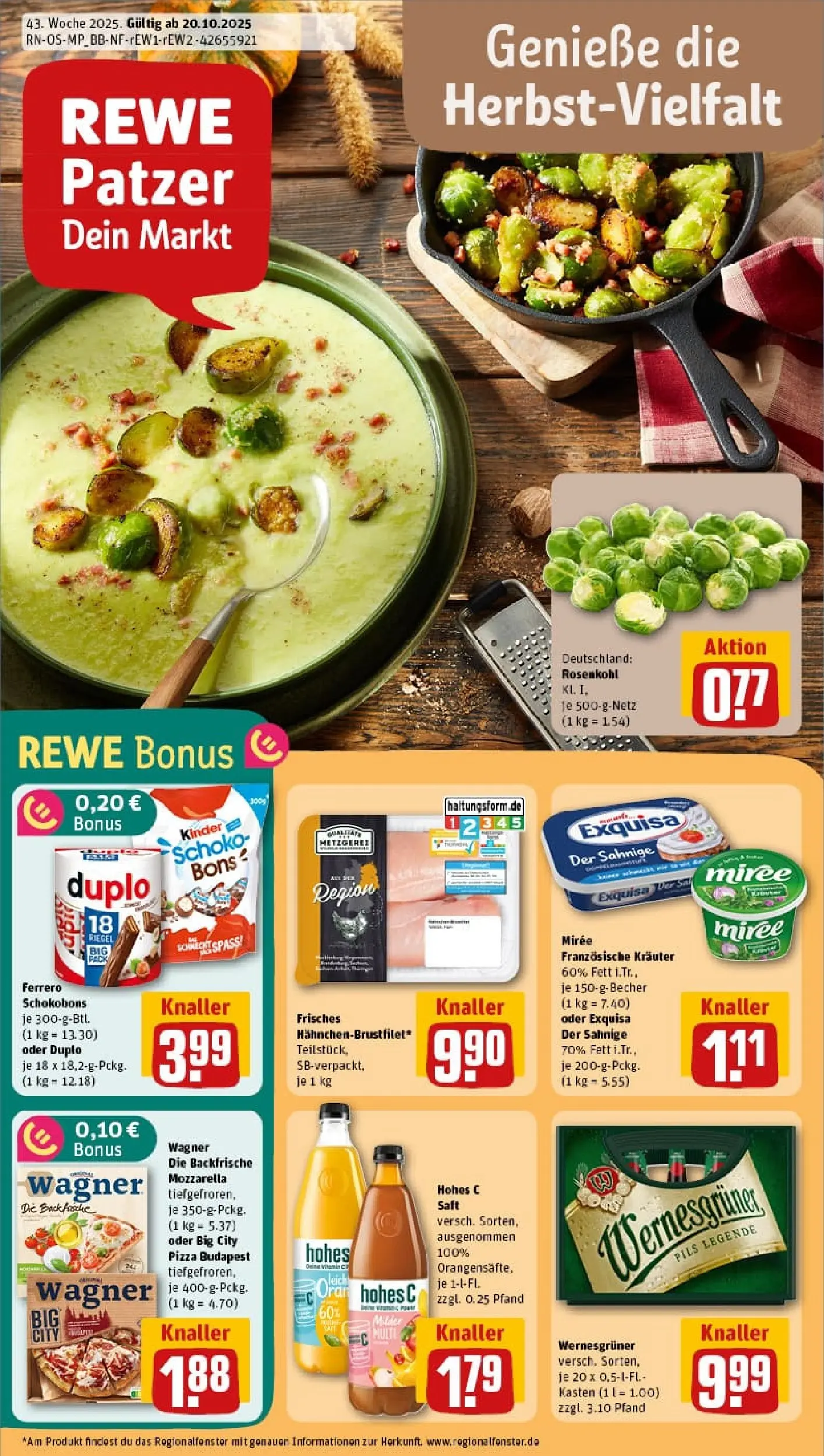 REWE Prospekt ab 19.10.2025 zum Blättern » Angebote | Seite: 1 | Produkte: Mozzarella, Wernesgruner, Hohes c, Saft