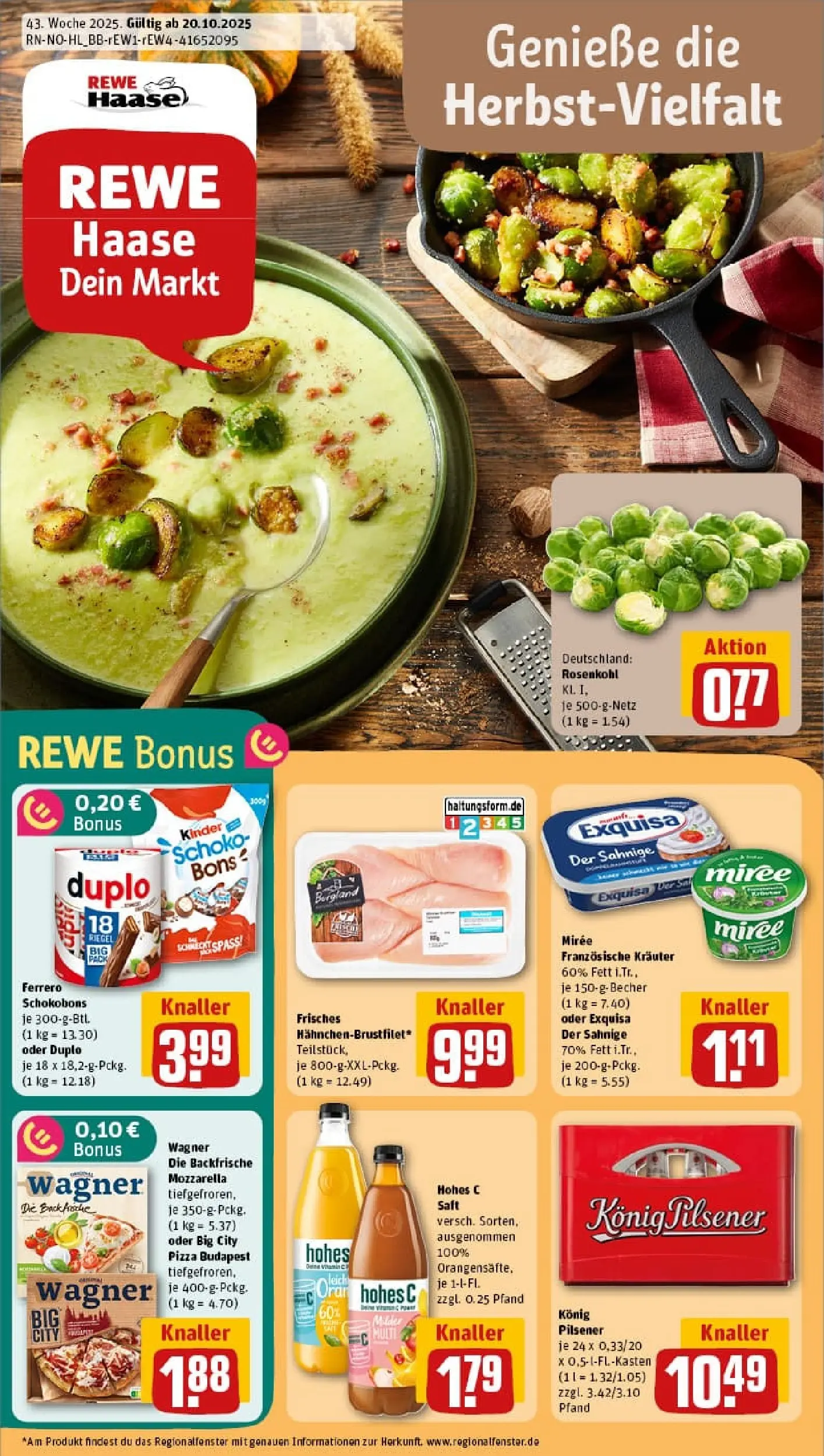REWE Prospekt ab 19.10.2025 zum Blättern » Angebote | Seite: 1 | Produkte: Konig pilsener, Exquisa, Hohes c, Pizza