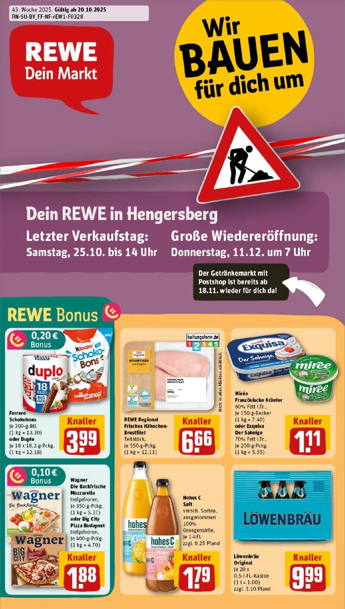 REWE Prospekt ab 19.10.2025 zum Blättern » Angebote | Seite: 1 | Produkte: Hahnchen, Exquisa, Saft, Uhr