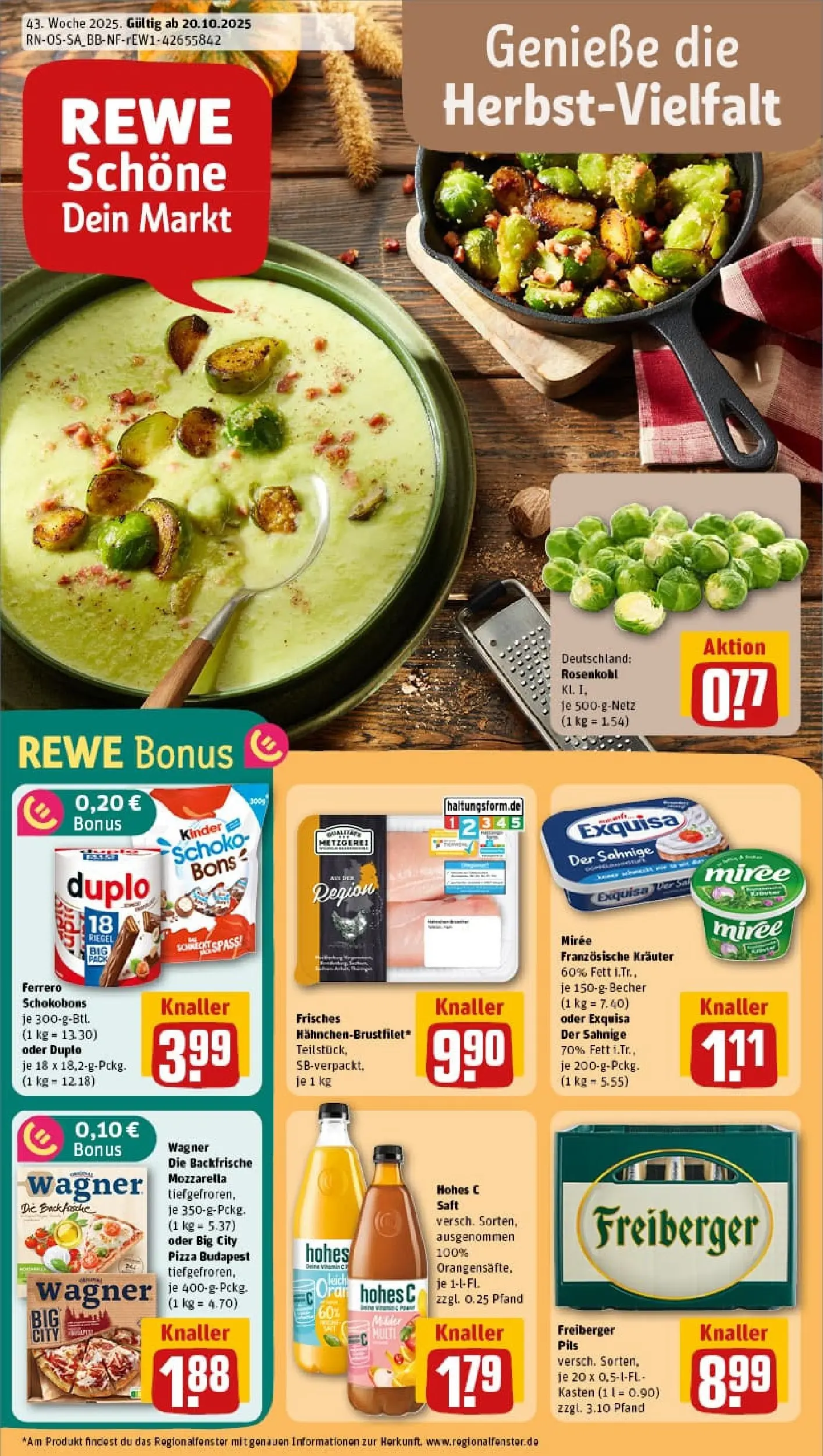 REWE Prospekt ab 19.10.2025 zum Blättern » Angebote | Seite: 1 | Produkte: Mozzarella, Pils, Exquisa, Saft