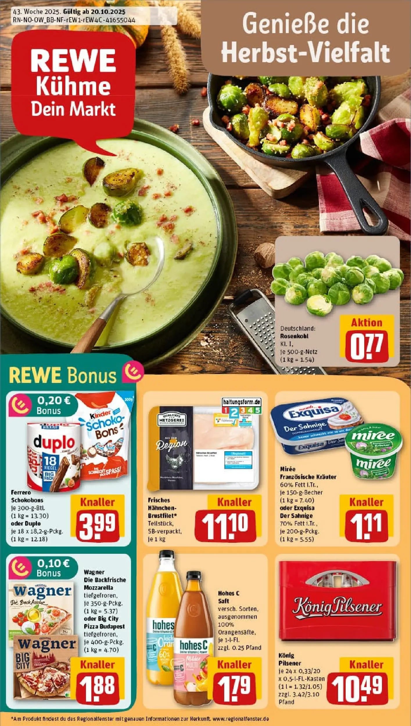 REWE Prospekt ab 19.10.2025 zum Blättern » Angebote | Seite: 1 | Produkte: Hahnchen, Exquisa, Pizza, Saft