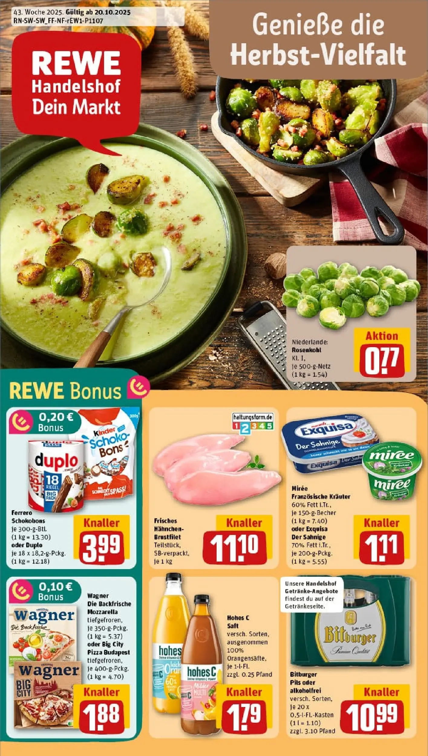 REWE Prospekt ab 19.10.2025 zum Blättern » Angebote | Seite: 1 | Produkte: Mozzarella, Exquisa, Hohes c, Saft
