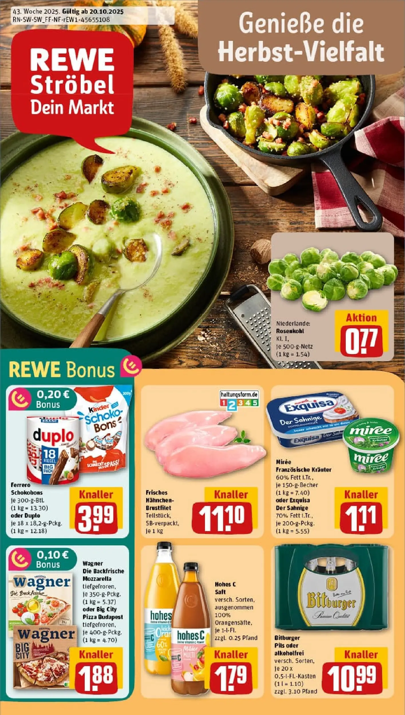 REWE Prospekt ab 19.10.2025 zum Blättern » Angebote | Seite: 1 | Produkte: Hahnchen, Pils, Hohes c, Saft