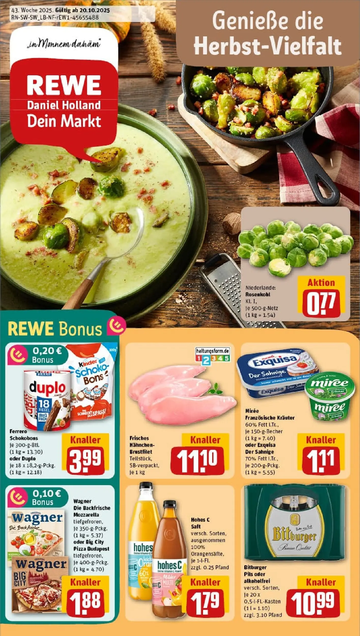 REWE Prospekt ab 19.10.2025 zum Blättern » Angebote | Seite: 1 | Produkte: Hahnchen, Pils, Exquisa, Hohes c