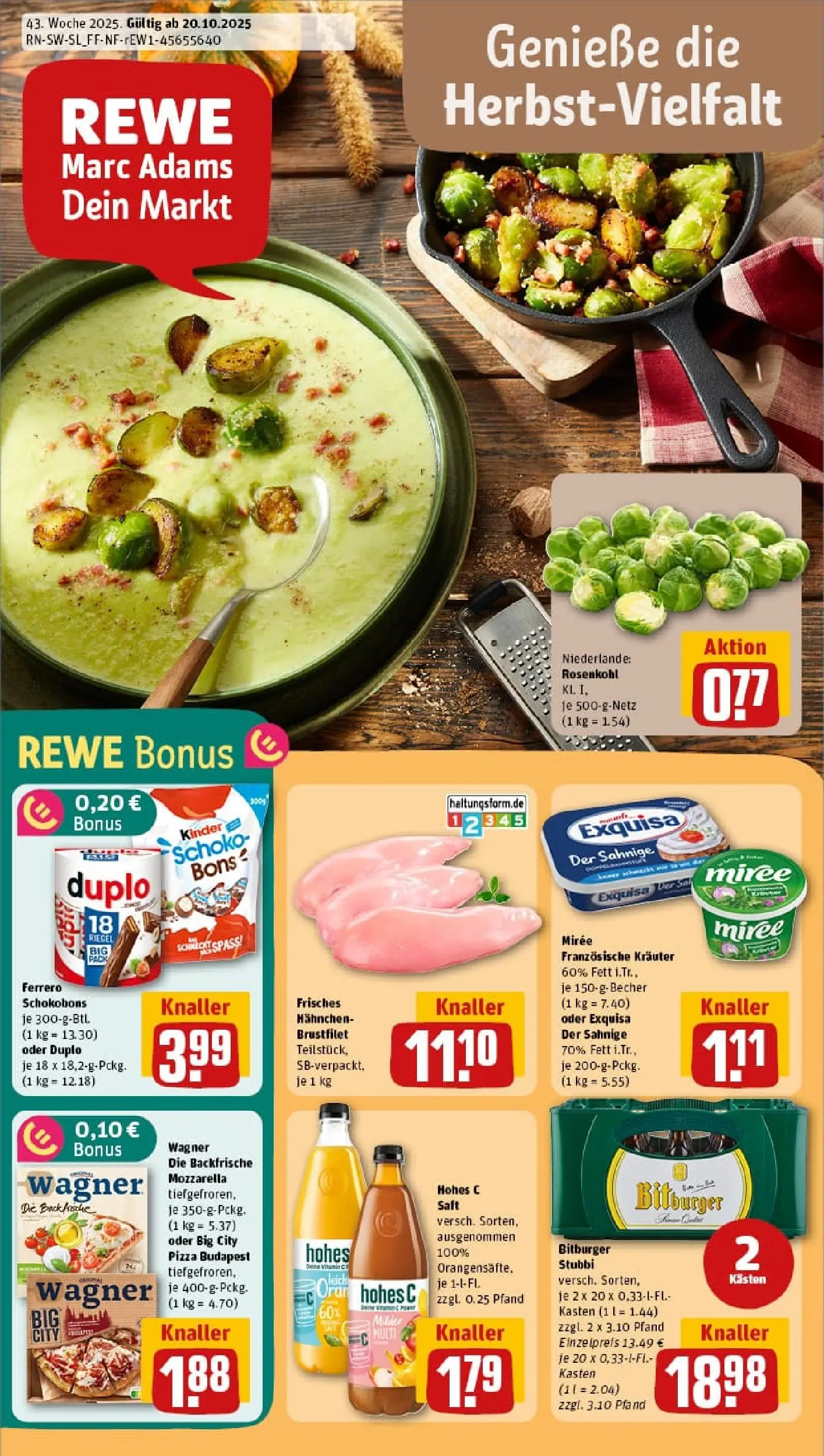 REWE Prospekt ab 19.10.2025 zum Blättern » Angebote | Seite: 1 | Produkte: Bitburger, Hahnchen, Mozzarella, Exquisa