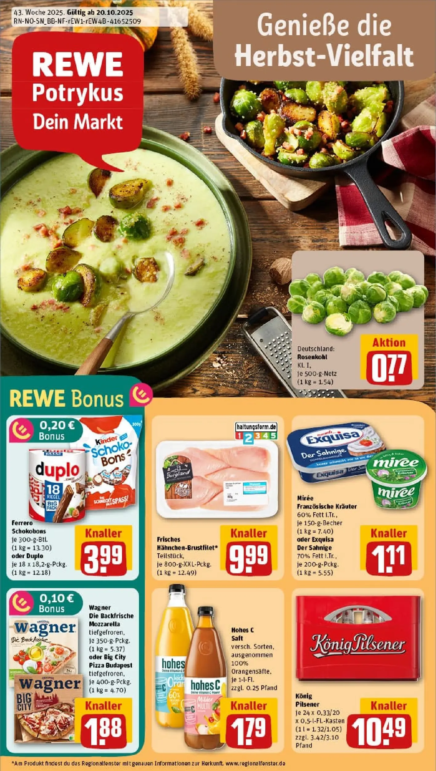 REWE Prospekt ab 19.10.2025 zum Blättern » Angebote | Seite: 1 | Produkte: Exquisa, Hohes c, Pizza, Saft