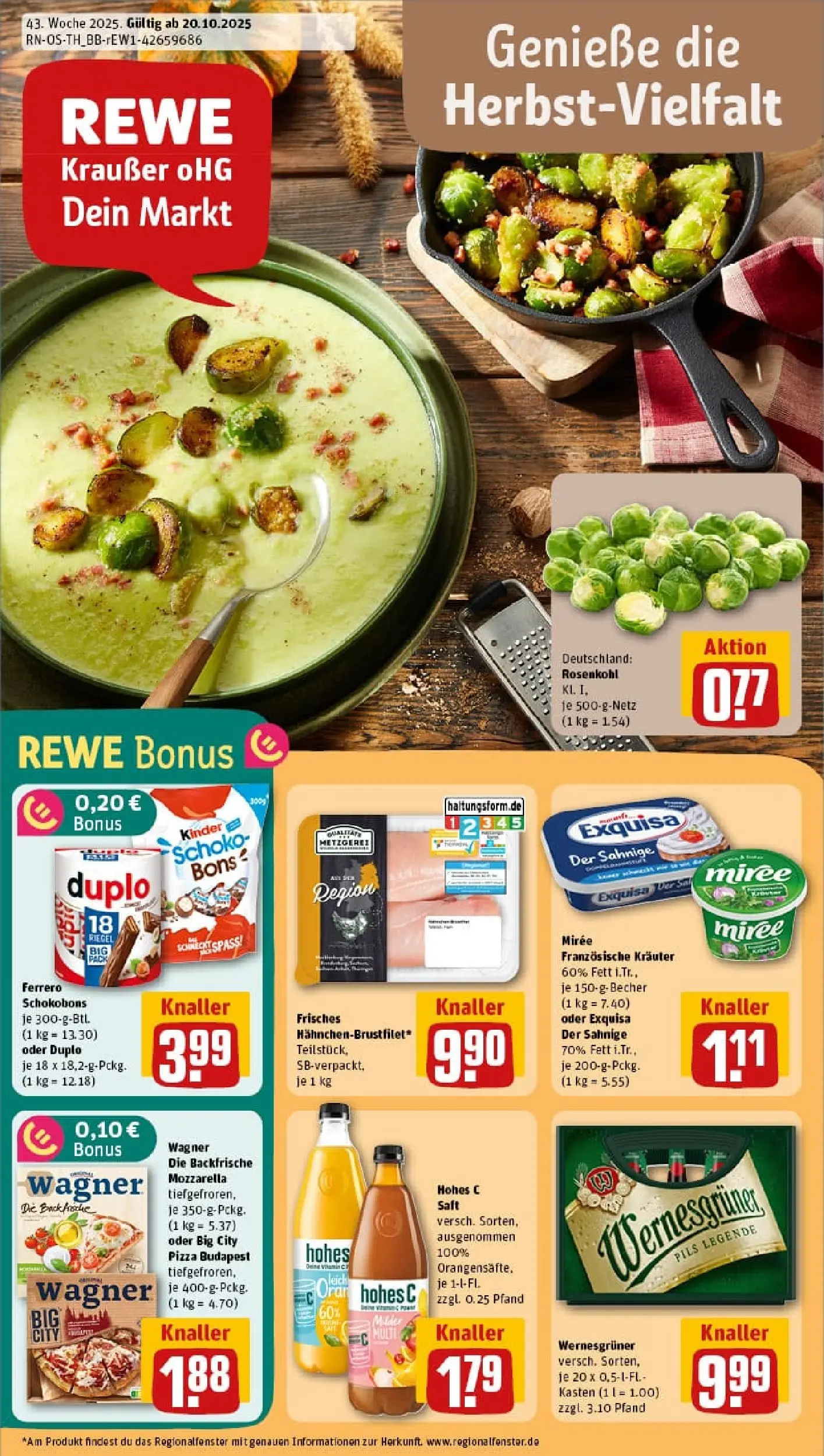 REWE Prospekt ab 19.10.2025 zum Blättern » Angebote | Seite: 1 | Produkte: Mozzarella, Wernesgruner, Pizza, Saft