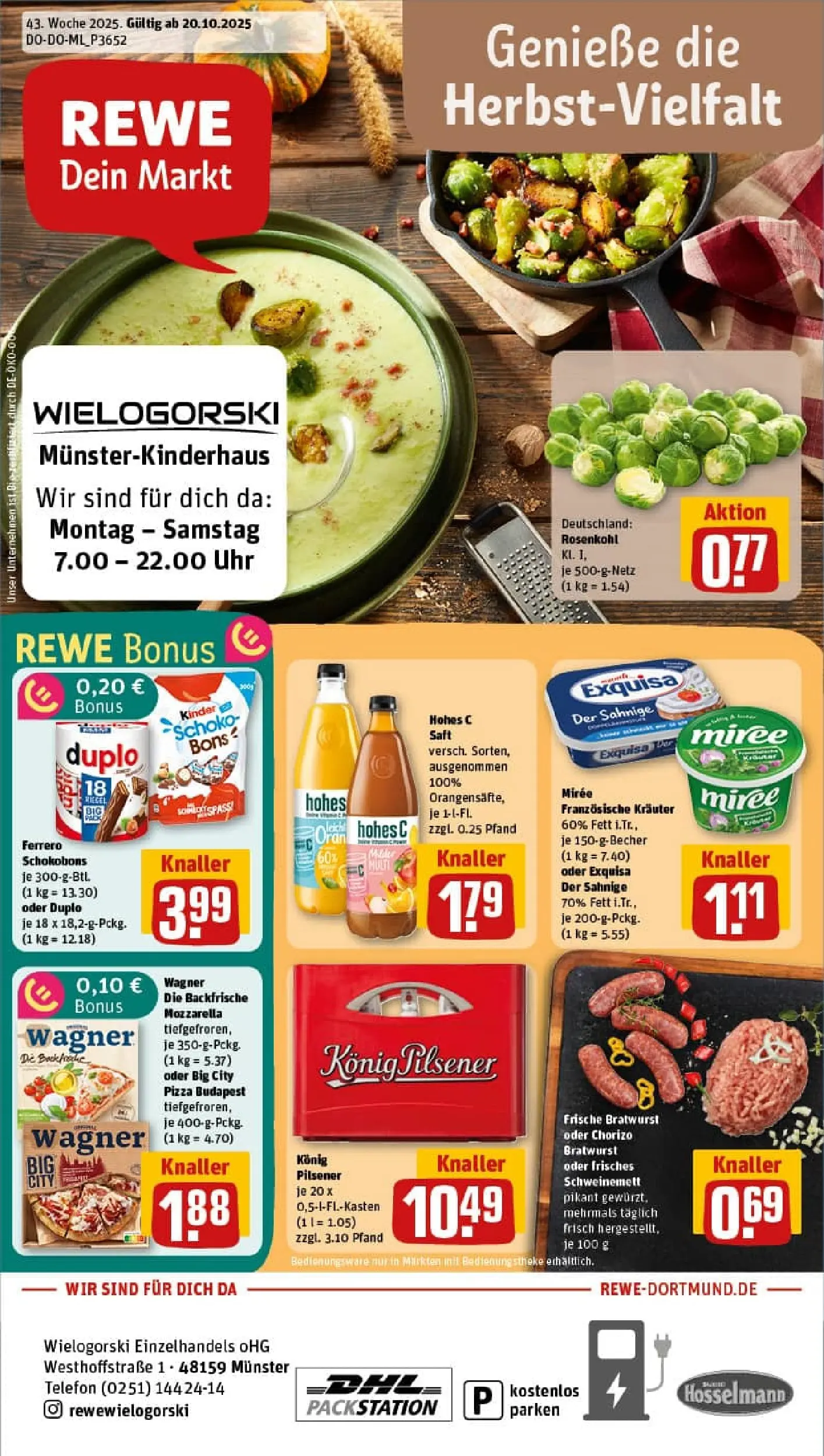 REWE Prospekt ab 19.10.2025 zum Blättern » Angebote | Seite: 1 | Produkte: Mozzarella, Bratwurst, Exquisa, Saft