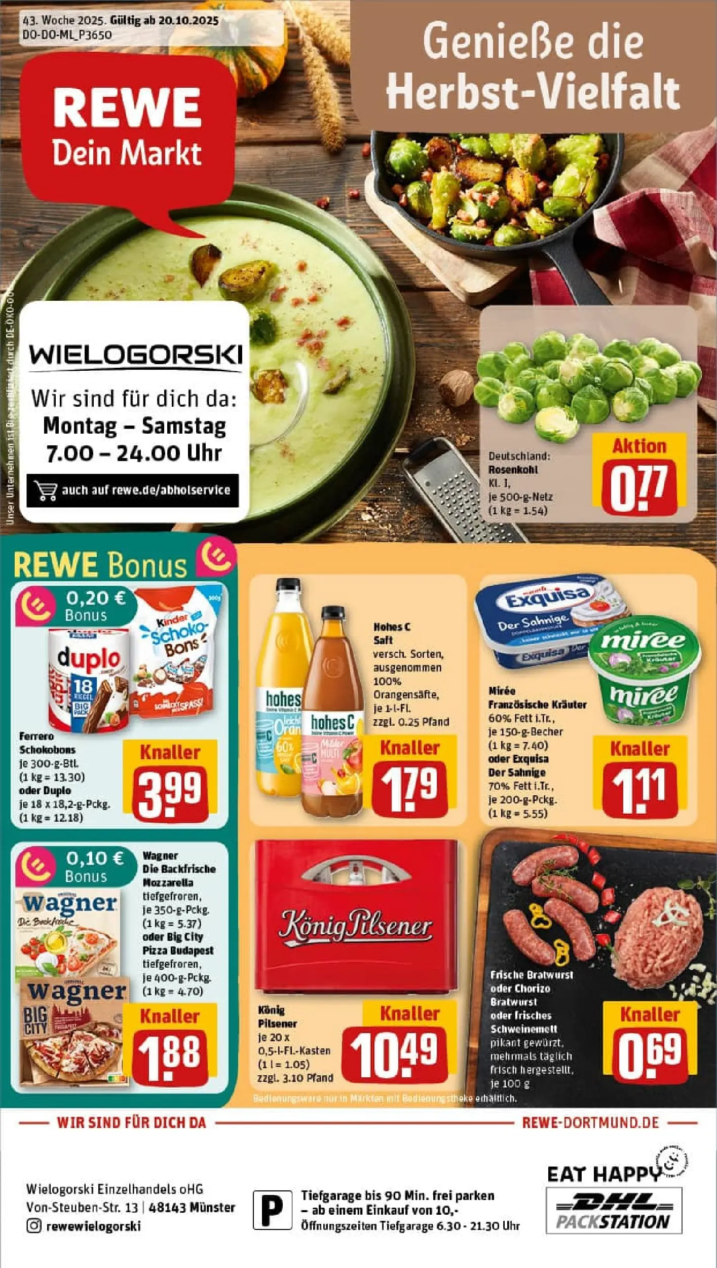 REWE Prospekt ab 19.10.2025 zum Blättern » Angebote | Seite: 1 | Produkte: Konig pilsener, Mozzarella, Exquisa, Saft