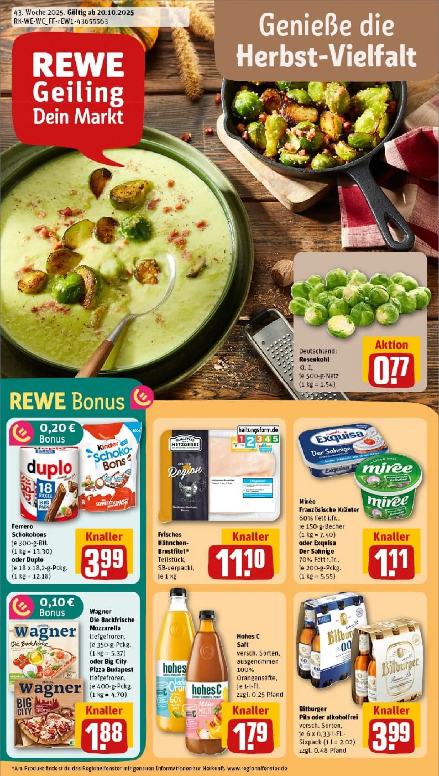 REWE Prospekt ab 19.10.2025 zum Blättern » Angebote | Seite: 1 | Produkte: Bitburger, Mozzarella, Exquisa, Saft