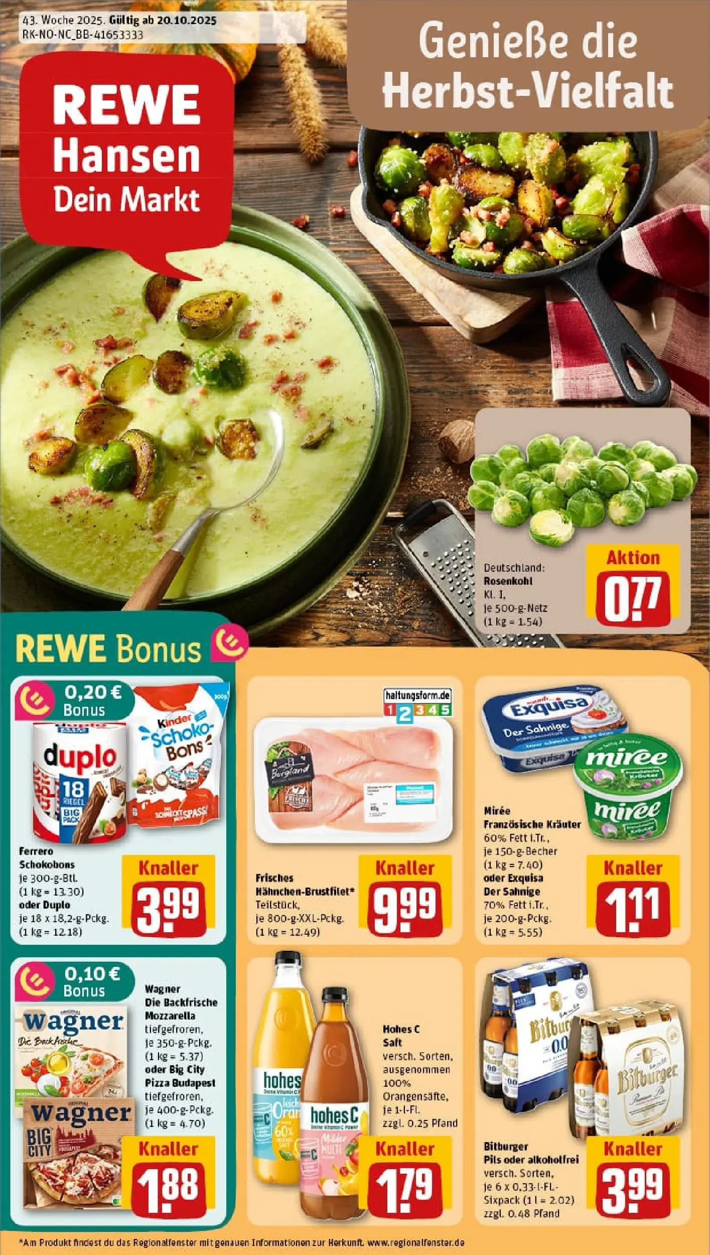 REWE Prospekt ab 19.10.2025 zum Blättern » Angebote | Seite: 1 | Produkte: Bitburger, Pils, Exquisa, Hohes c