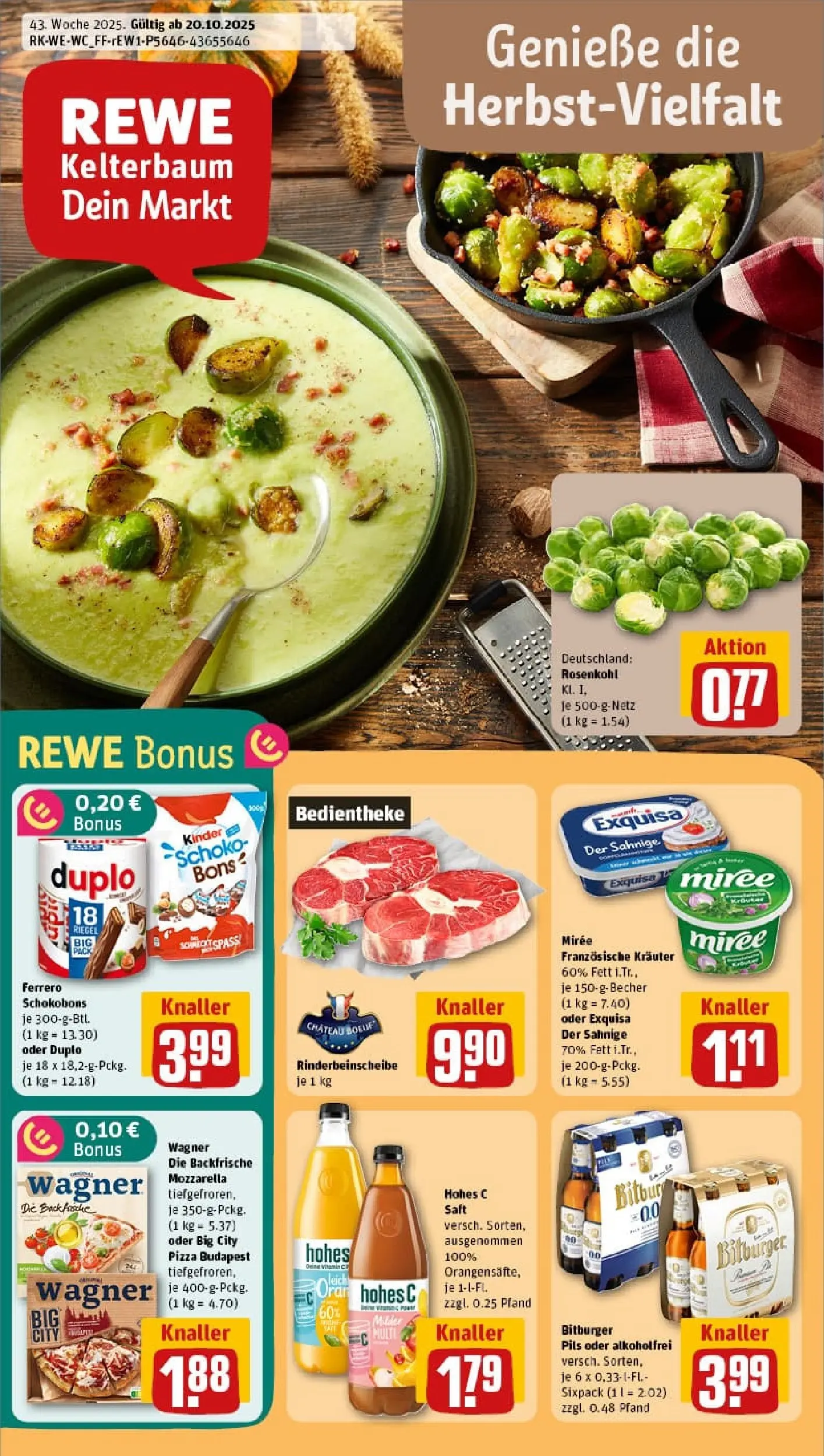 REWE Prospekt ab 19.10.2025 zum Blättern » Angebote | Seite: 1 | Produkte: Bitburger, Mozzarella, Hohes c, Pizza