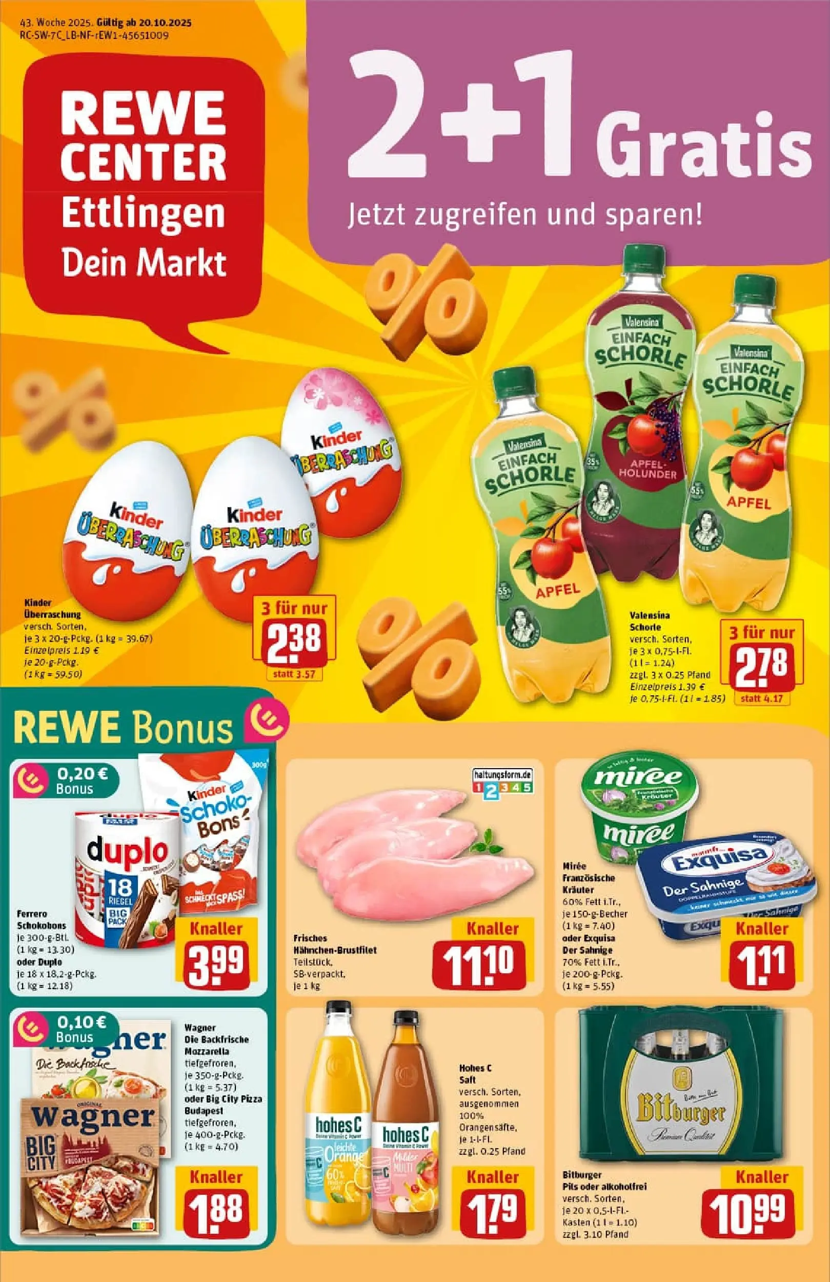 REWE Prospekt ab 19.10.2025 zum Blättern » Angebote | Seite: 1 | Produkte: Bitburger, Valensina, Exquisa, Pizza