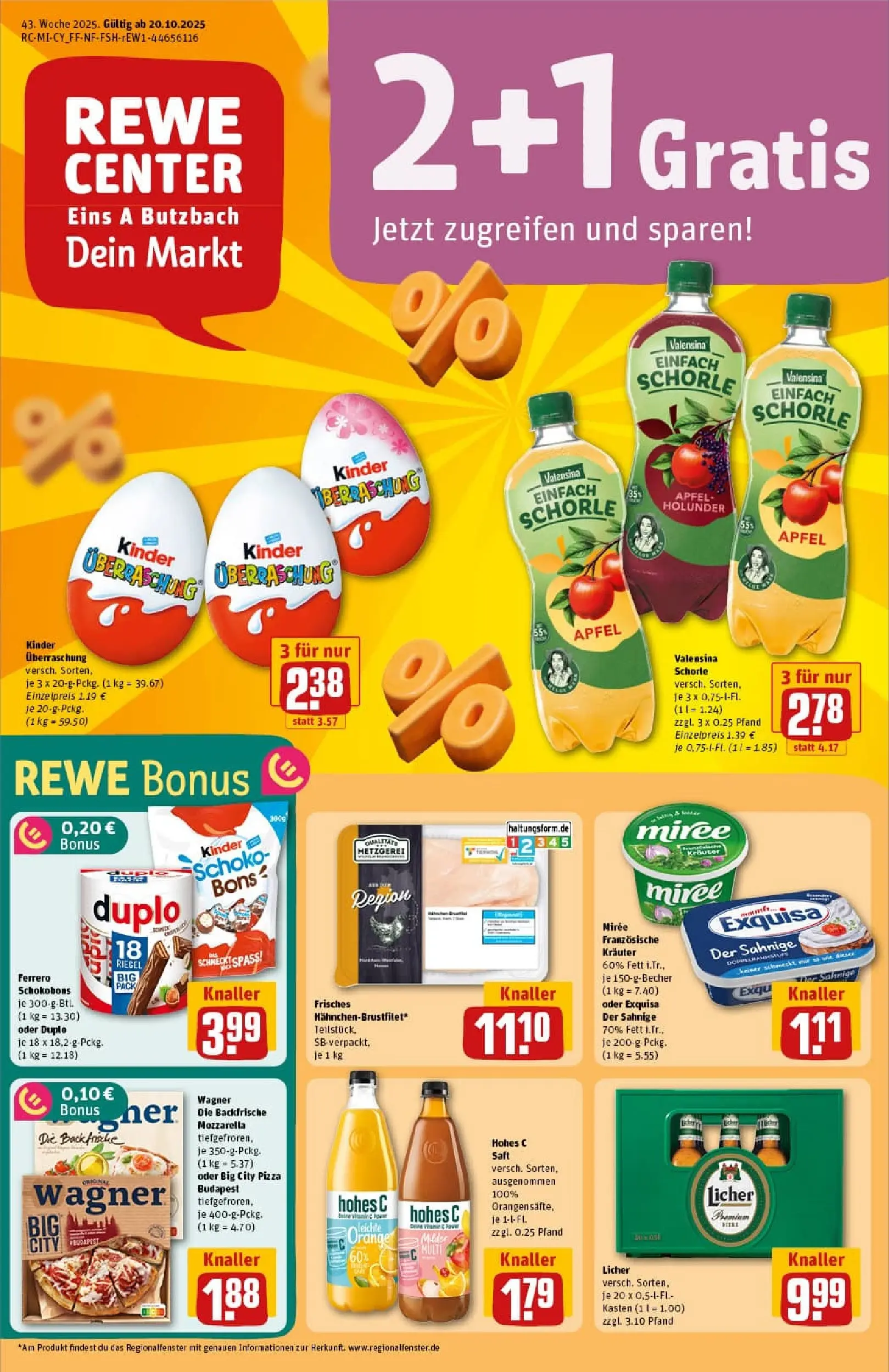 REWE Prospekt ab 19.10.2025 zum Blättern » Angebote | Seite: 1 | Produkte: Äpfel, Valensina, Hohes c, Pizza